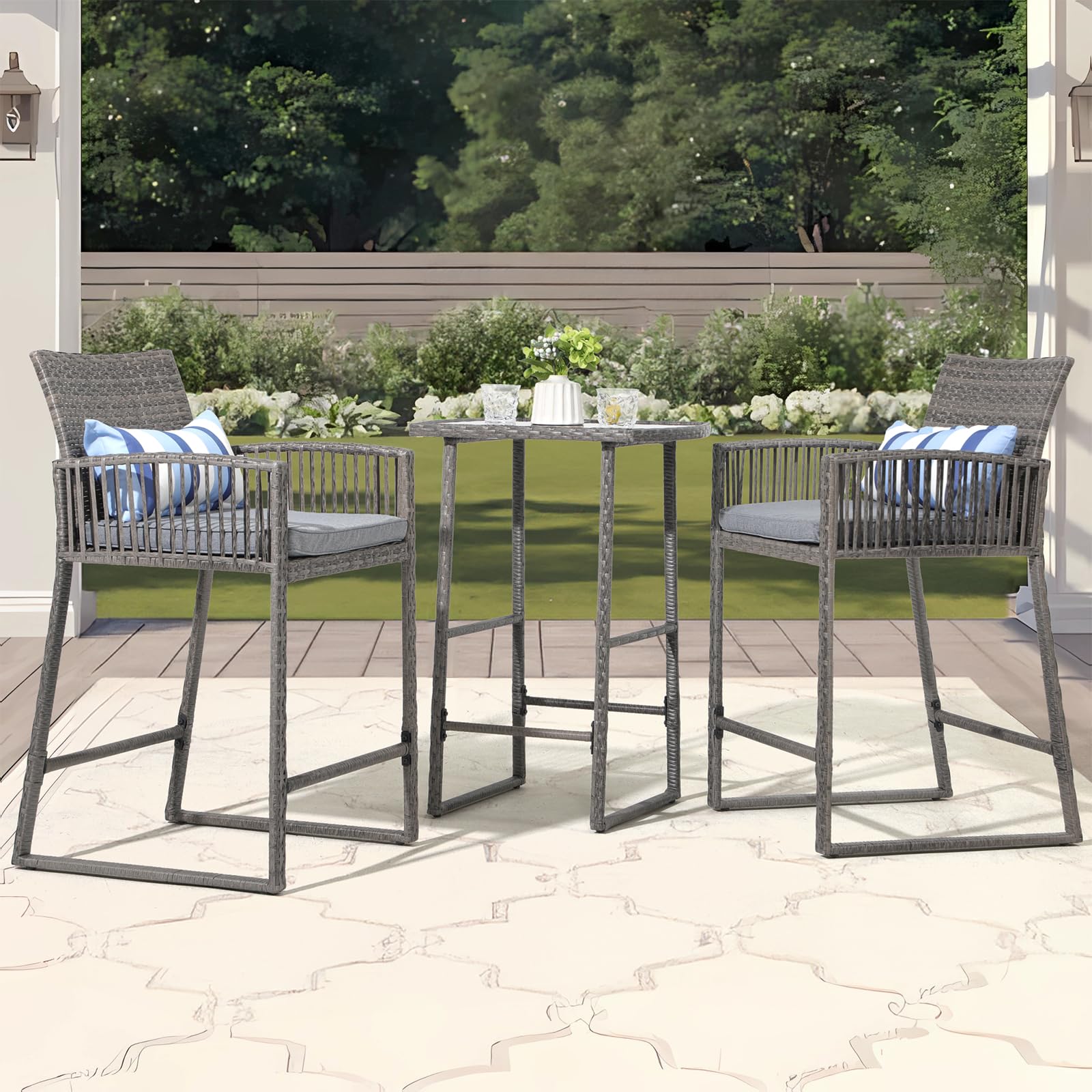 3pcs Wicker Patio Bistro Set Bar Height Table and Chairs with Cushions