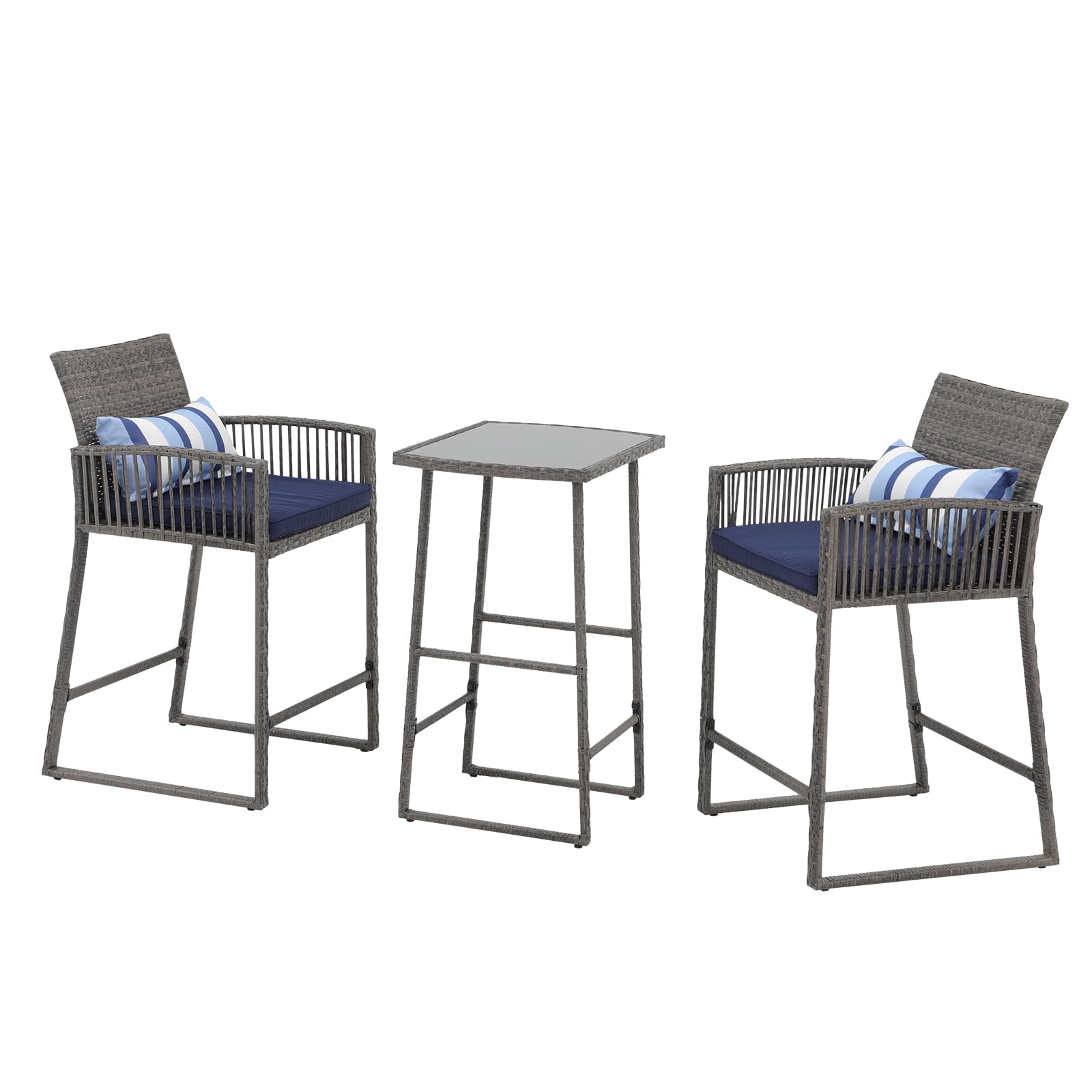 3pcs Wicker Patio Bistro Set Bar Height Table and Chairs with Cushions
