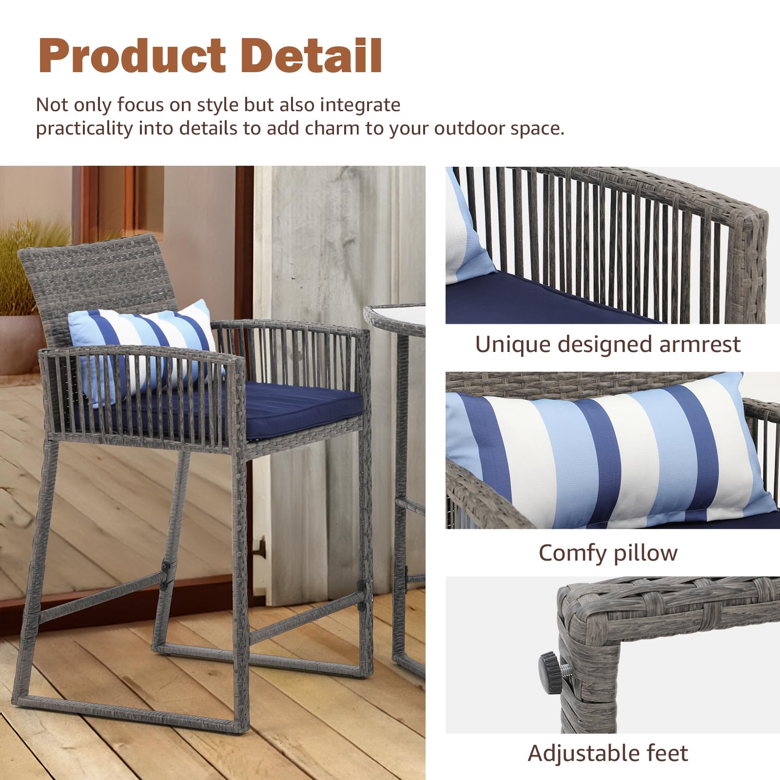 3pcs Wicker Patio Bistro Set Bar Height Table and Chairs with Cushions