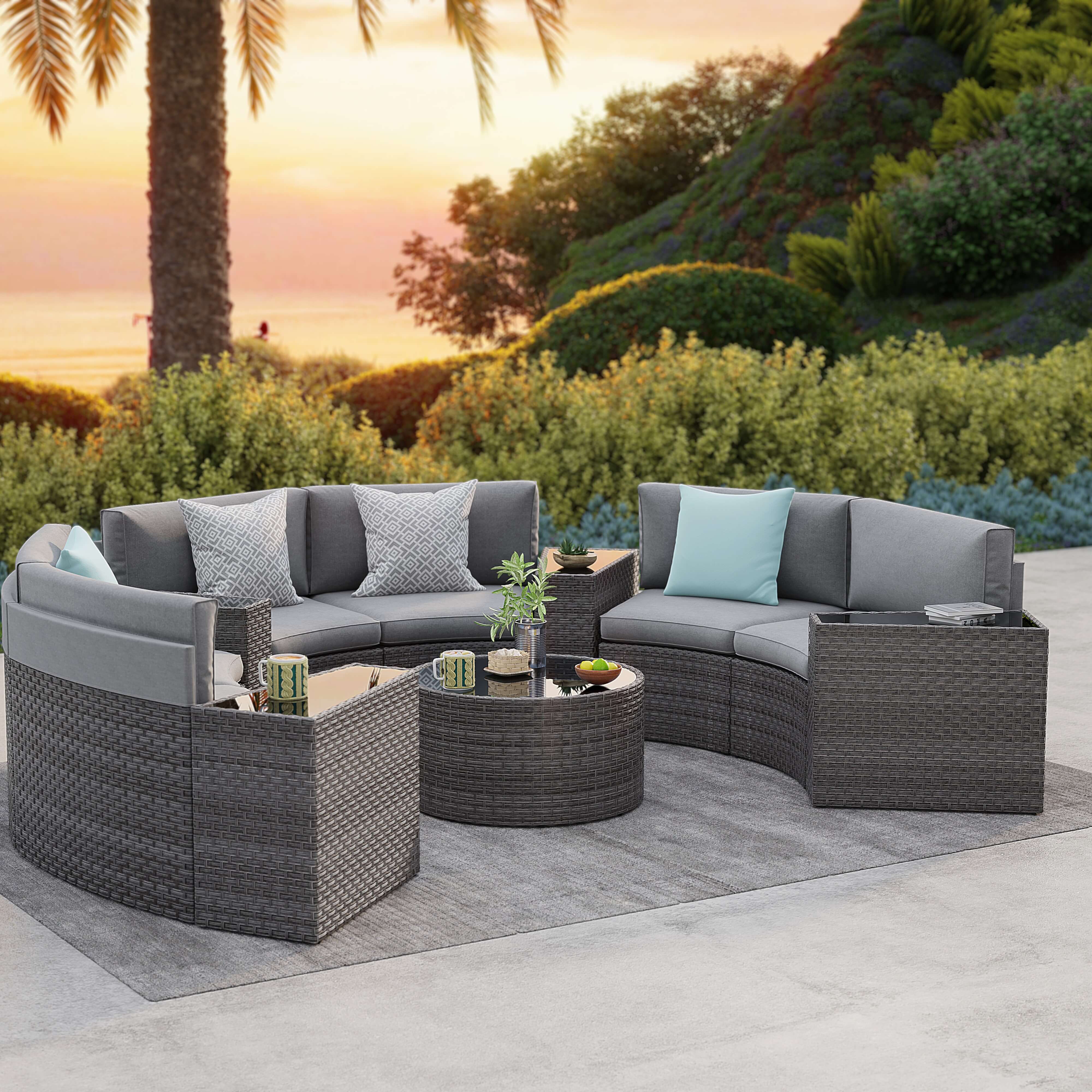 5-13 pcs Outdoor Curved Sofas, Curved Outdoor Sectionals, Grey