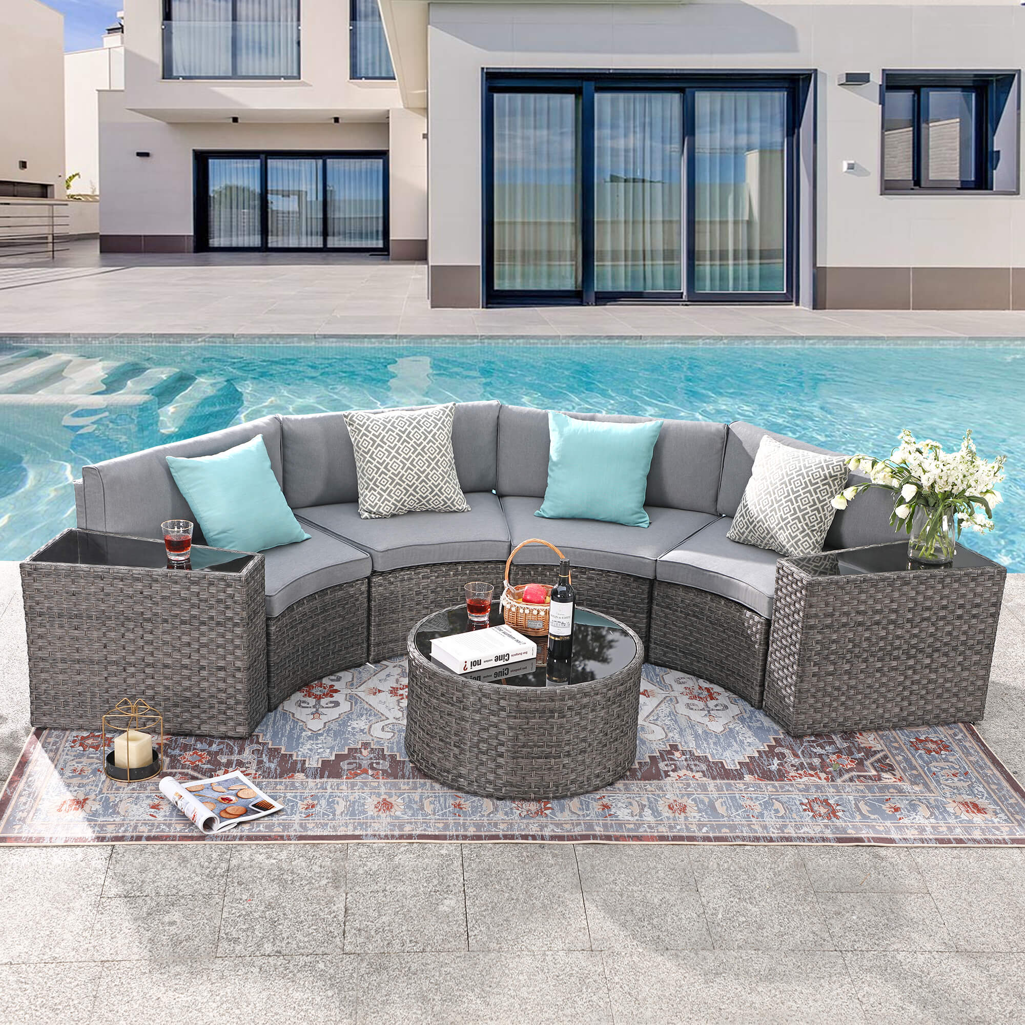 5-13 pcs Outdoor Curved Sofas, Curved Outdoor Sectionals, Grey