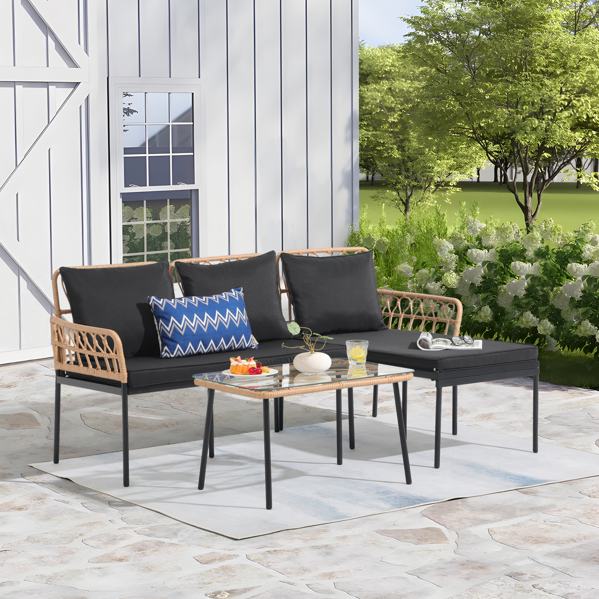 3pcs Outdoor Patio Sectional Set Boho Furniture Set For Small Spaces