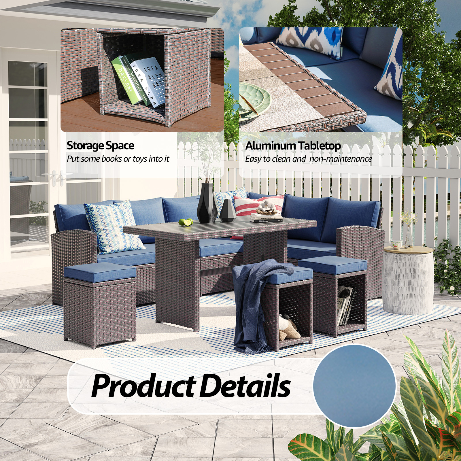 8 Seats Outdoor Sofa Dining Set Wicker Patio Sectional Set with Dining Table