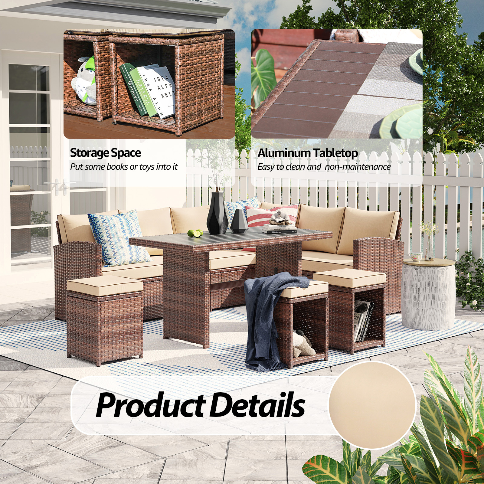 8 Seats Outdoor Sofa Dining Set Wicker Patio Sectional Set with Dining Table