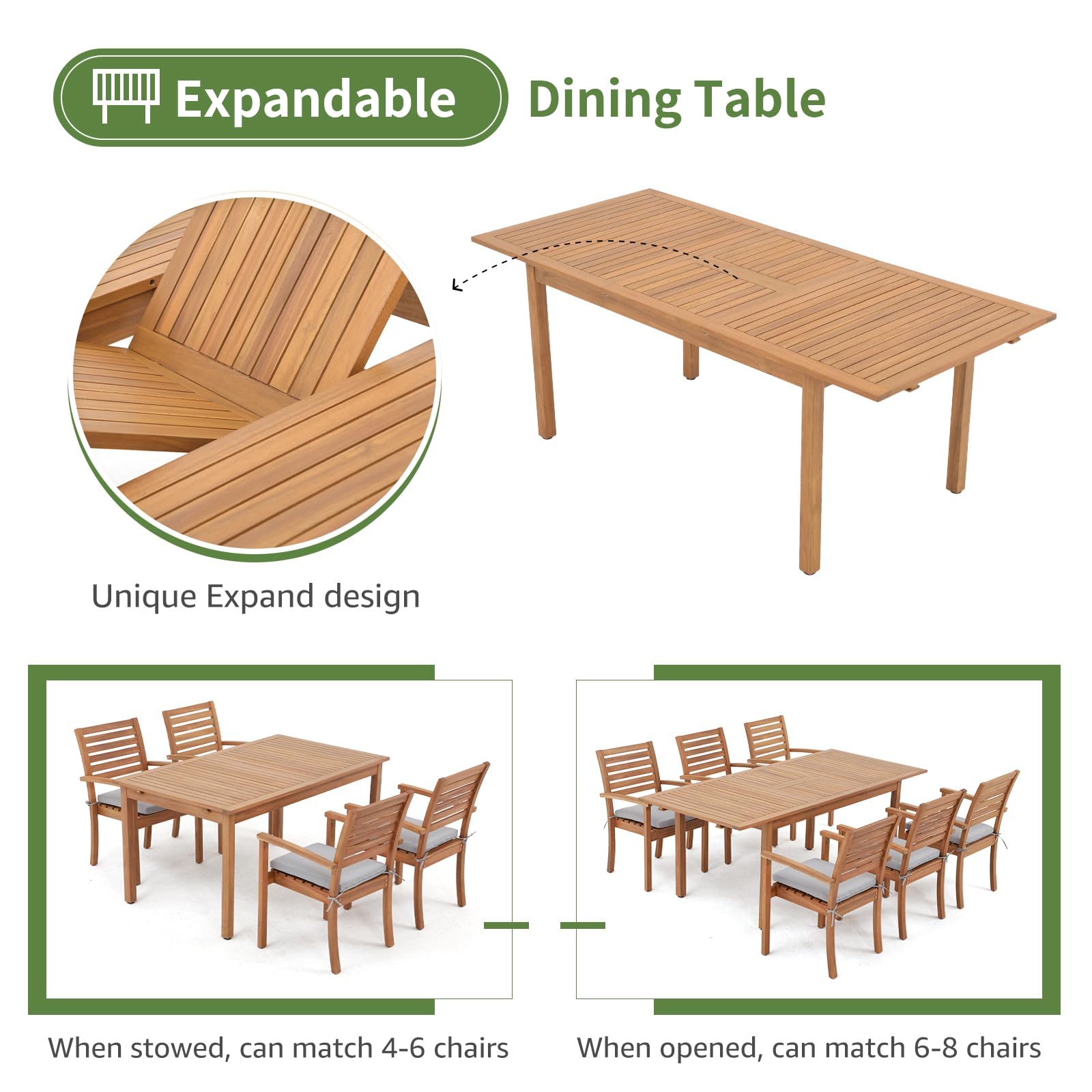7 pcs Outdoor Wood Dining Set, Extendable Rectangular Table and 6 Stackable Chairs 