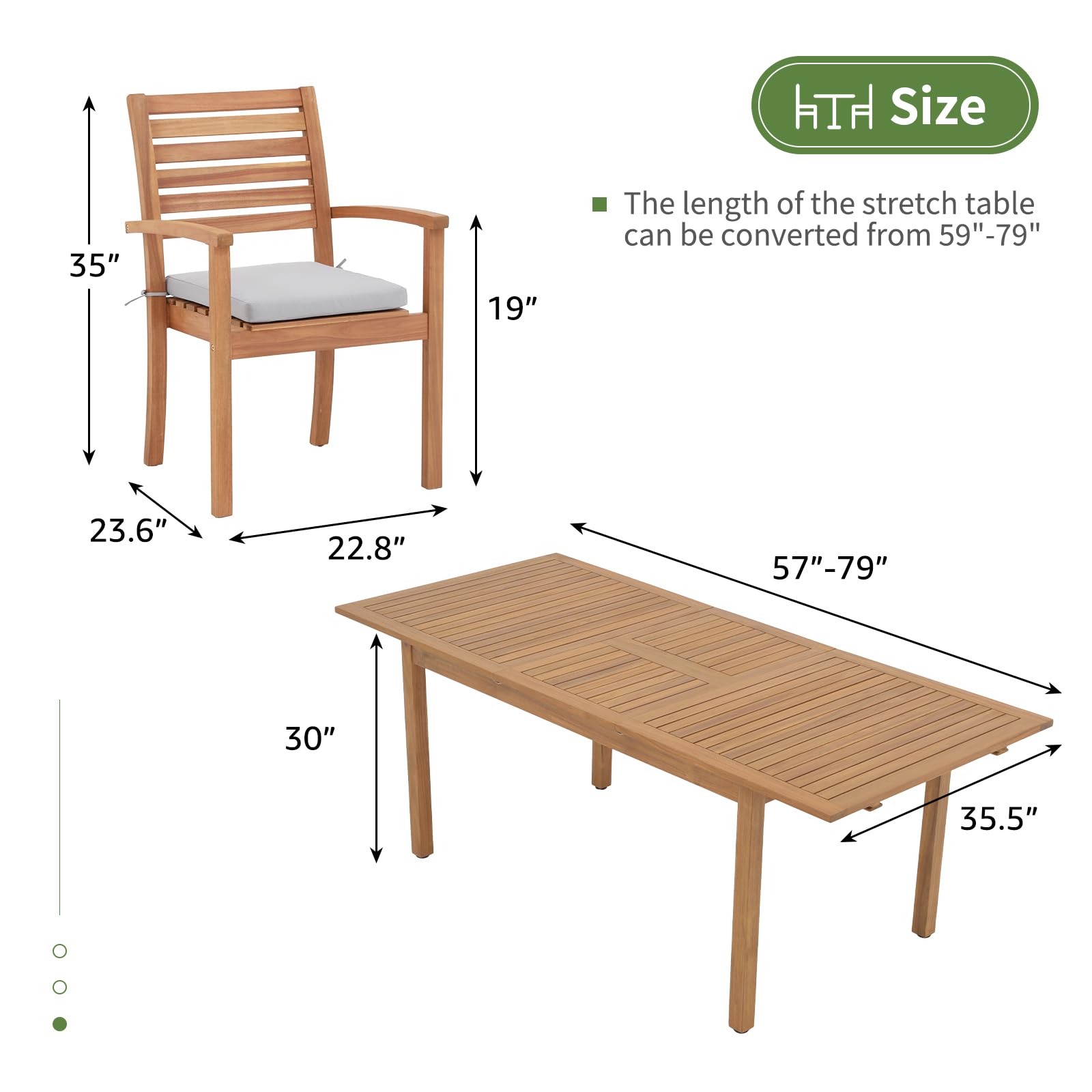 7 pcs Outdoor Wood Dining Set, Extendable Rectangular Table and 6 Stackable Chairs 