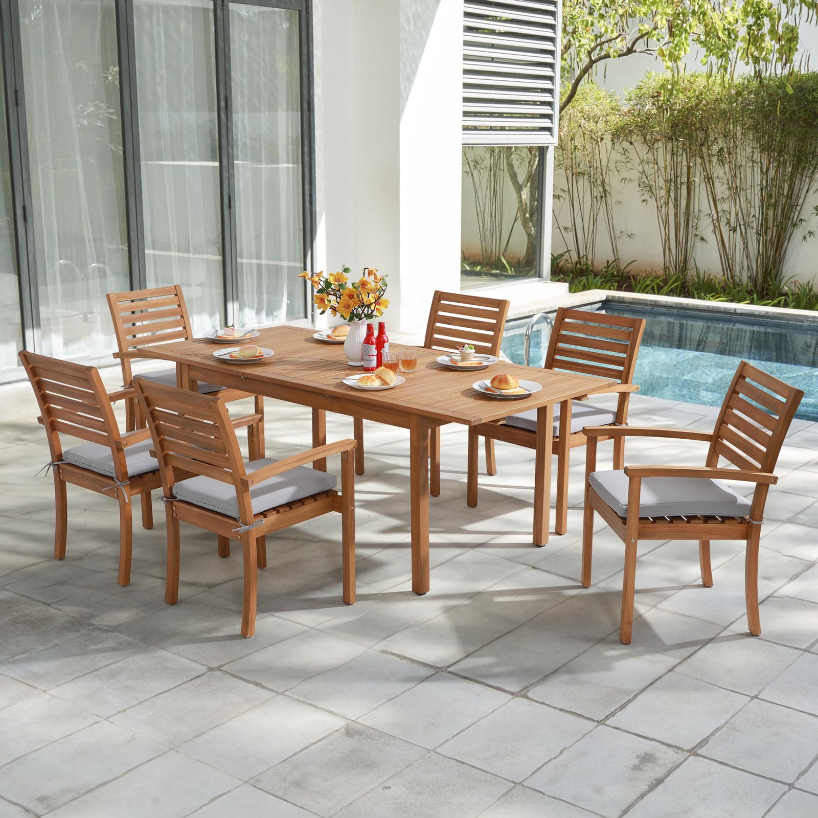 7 pcs Outdoor Wood Dining Set, Extendable Rectangular Table and 6 Stackable Chairs 