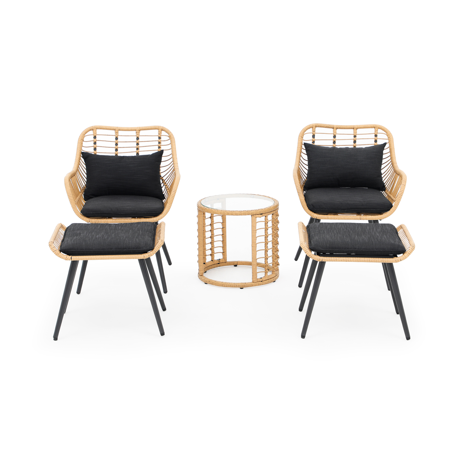 5pcs Wicker Patio Bistro Set With Ottomans and Cushions, Boho Style Outdoor Conversation Set