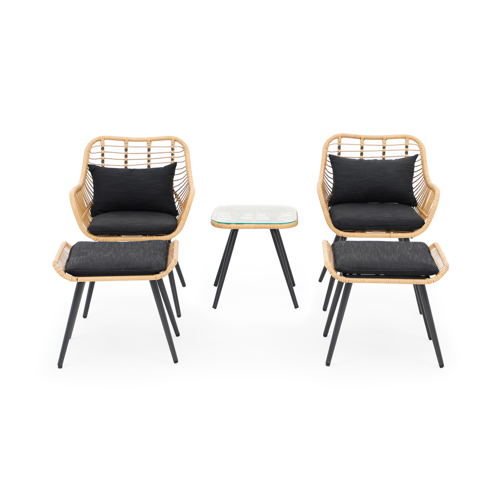 5pcs Wicker Patio Bistro Set With Ottomans and Cushions, Boho Style Outdoor Conversation Set