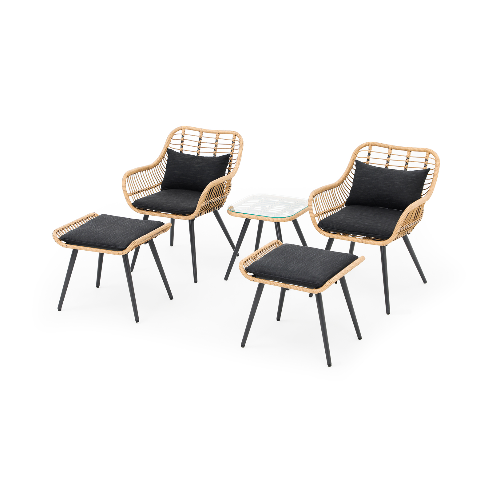 5pcs Wicker Patio Bistro Set With Ottomans and Cushions, Boho Style Outdoor Conversation Set