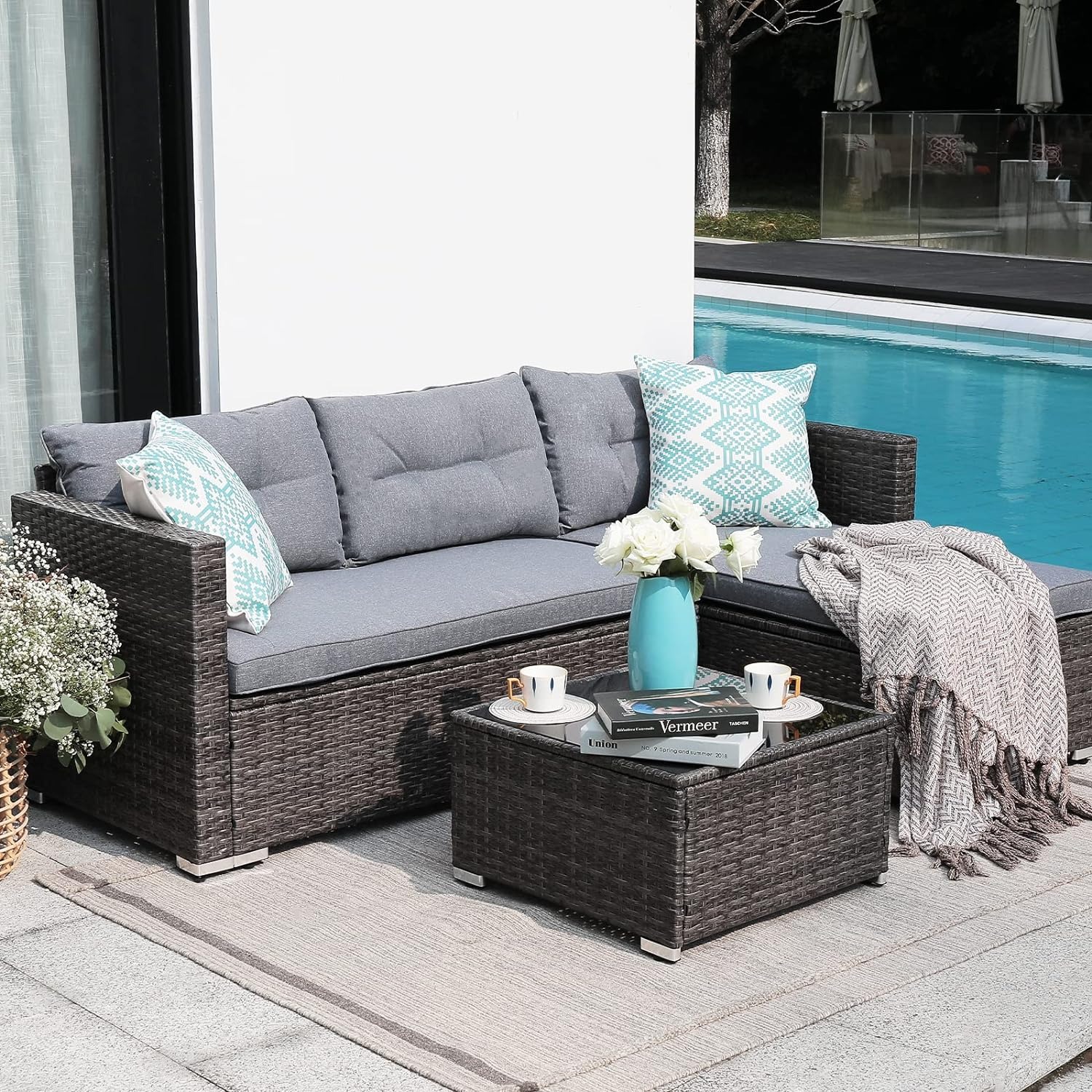 3pcs Outdoor Patio Sectional Set Wicker Furniture Set For Small Spaces
