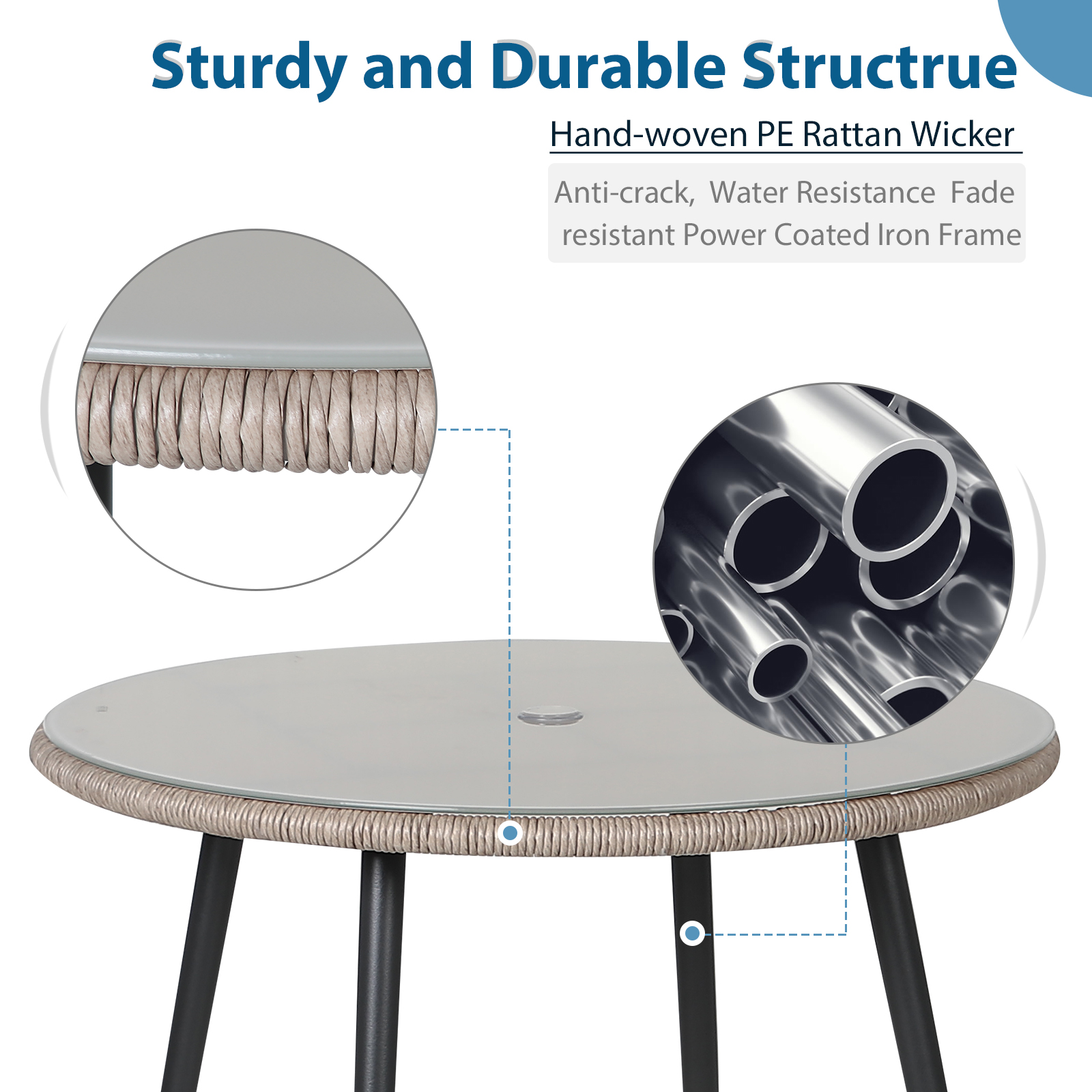 Outdoor Round Patio Table With Umbrella Hole, Tempered Glass Top