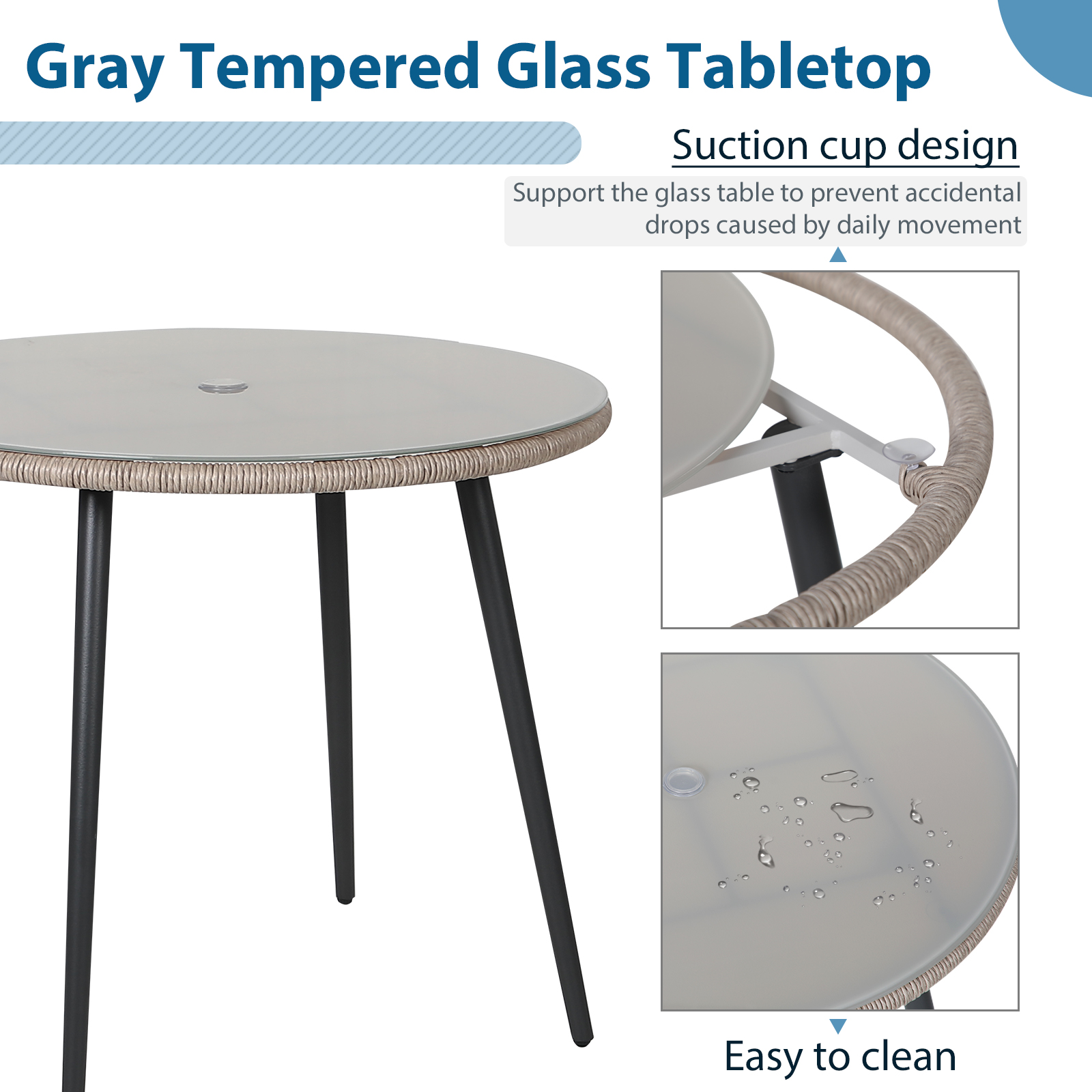 Outdoor Round Patio Table With Umbrella Hole, Tempered Glass Top