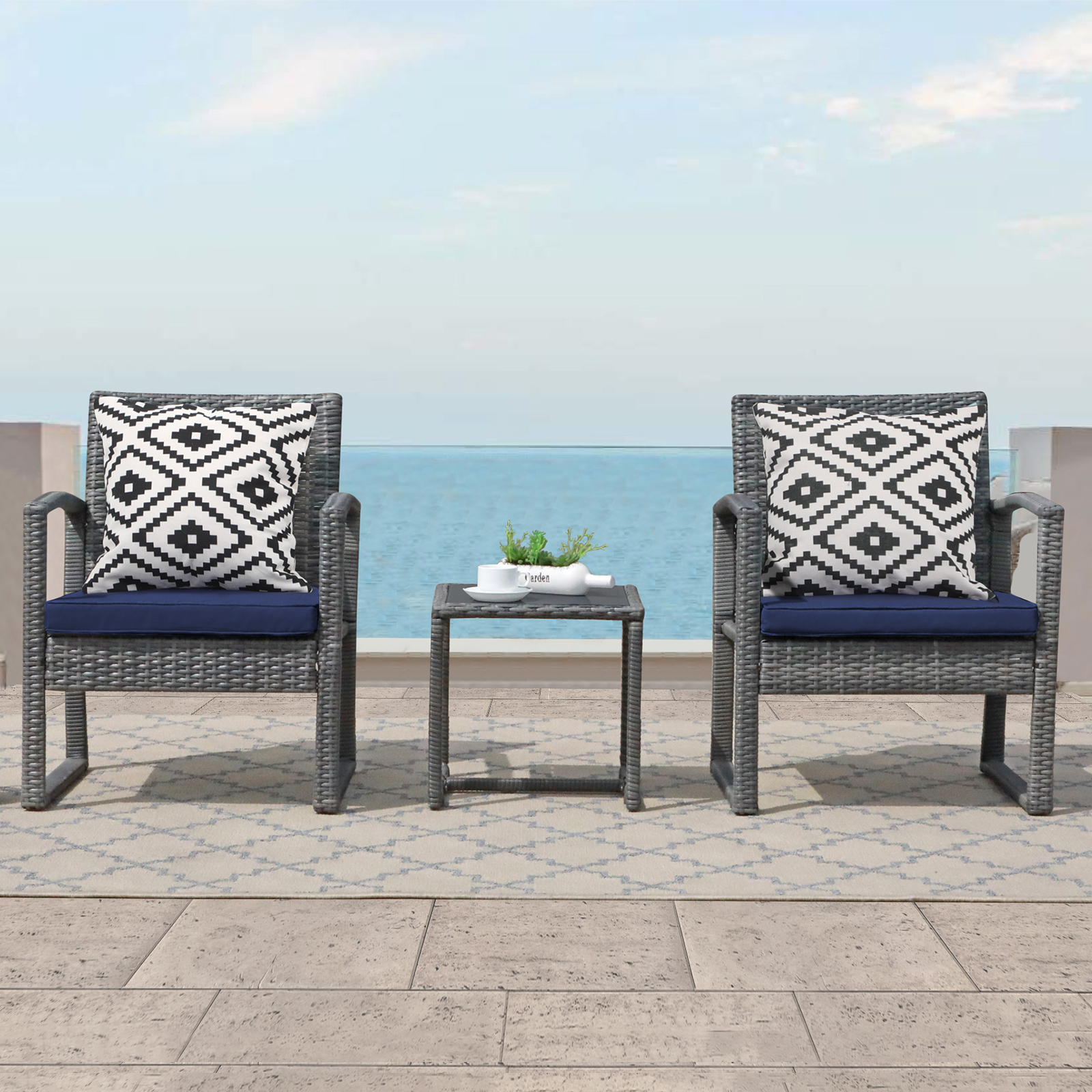 3pcs Patio Bistro Set Wicker Patio Conversation Set Outdoor Rattan Chair Set 
