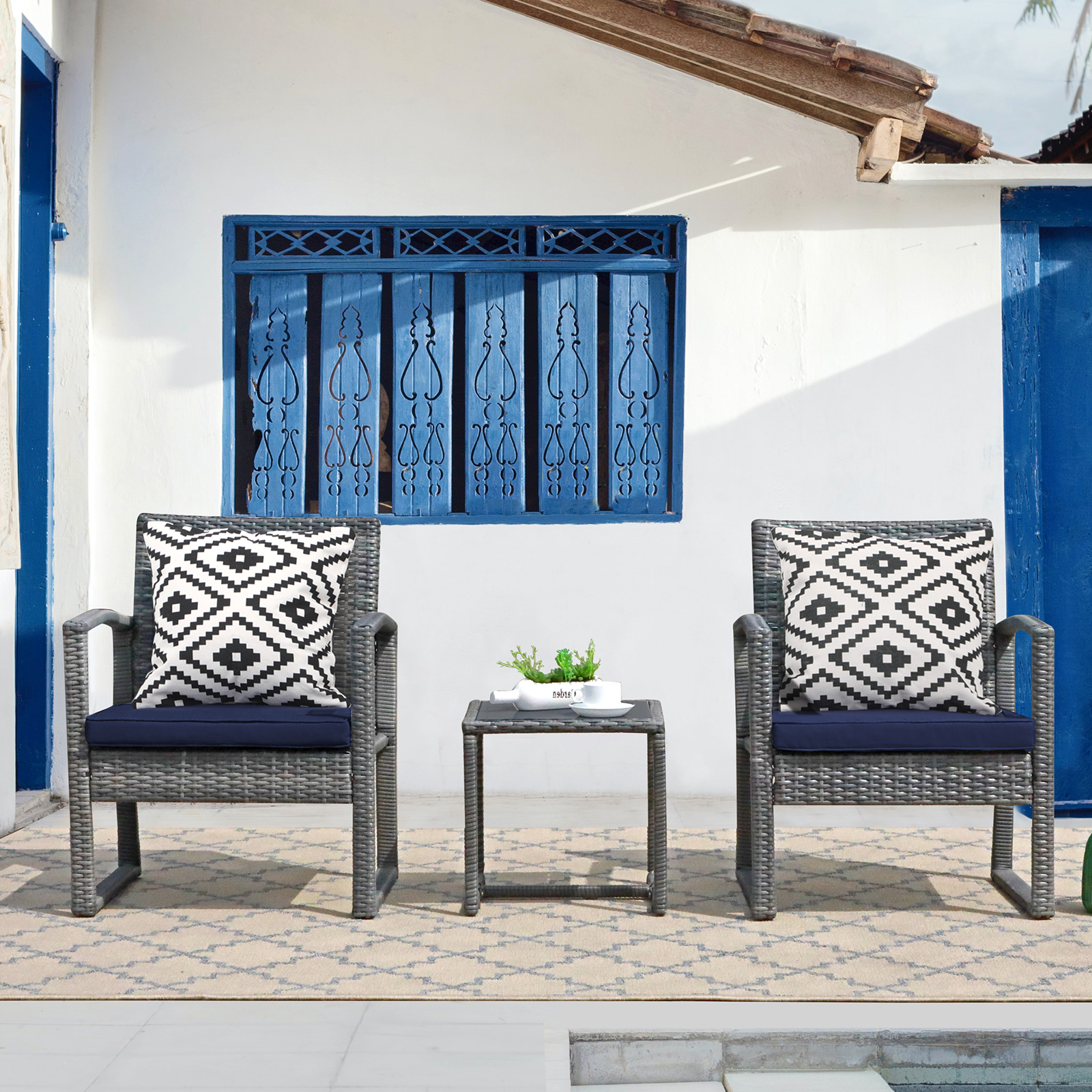 3pcs Patio Bistro Set Wicker Patio Conversation Set Outdoor Rattan Chair Set 