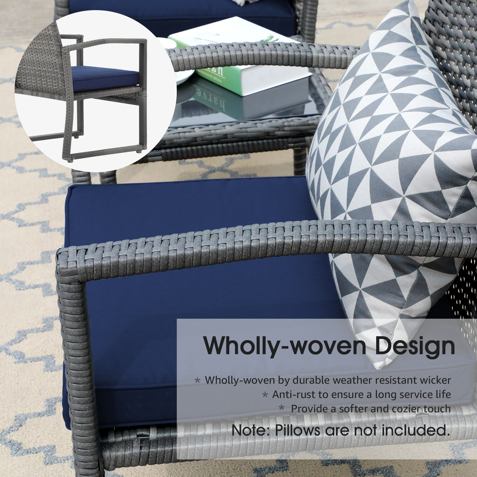 3pcs Patio Bistro Set Wicker Patio Conversation Set Outdoor Rattan Chair Set 