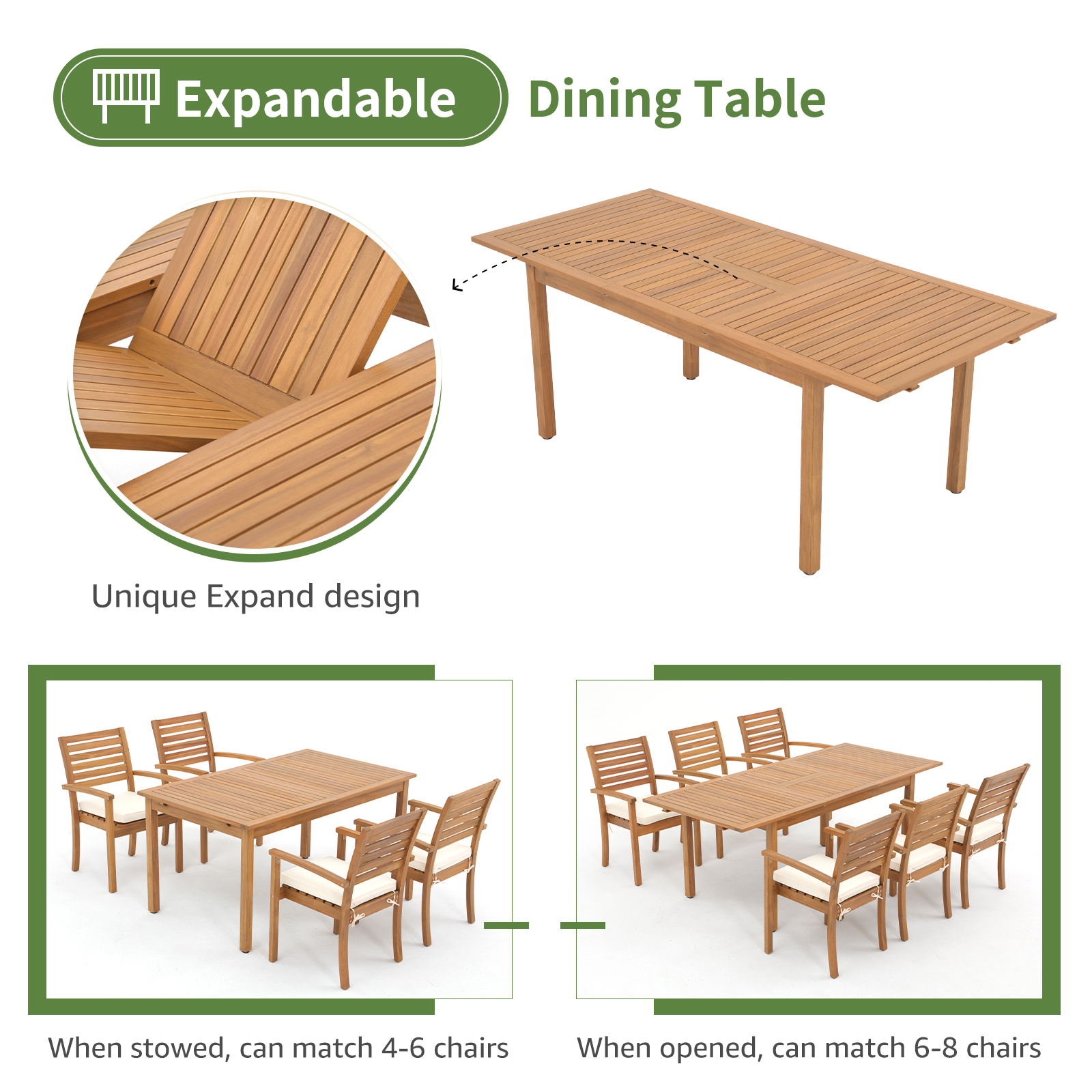 7 pcs Outdoor FSC Certified Acacia Wood Dining Set, Extendable Rectangular Table and 6 Stackable Chairs 