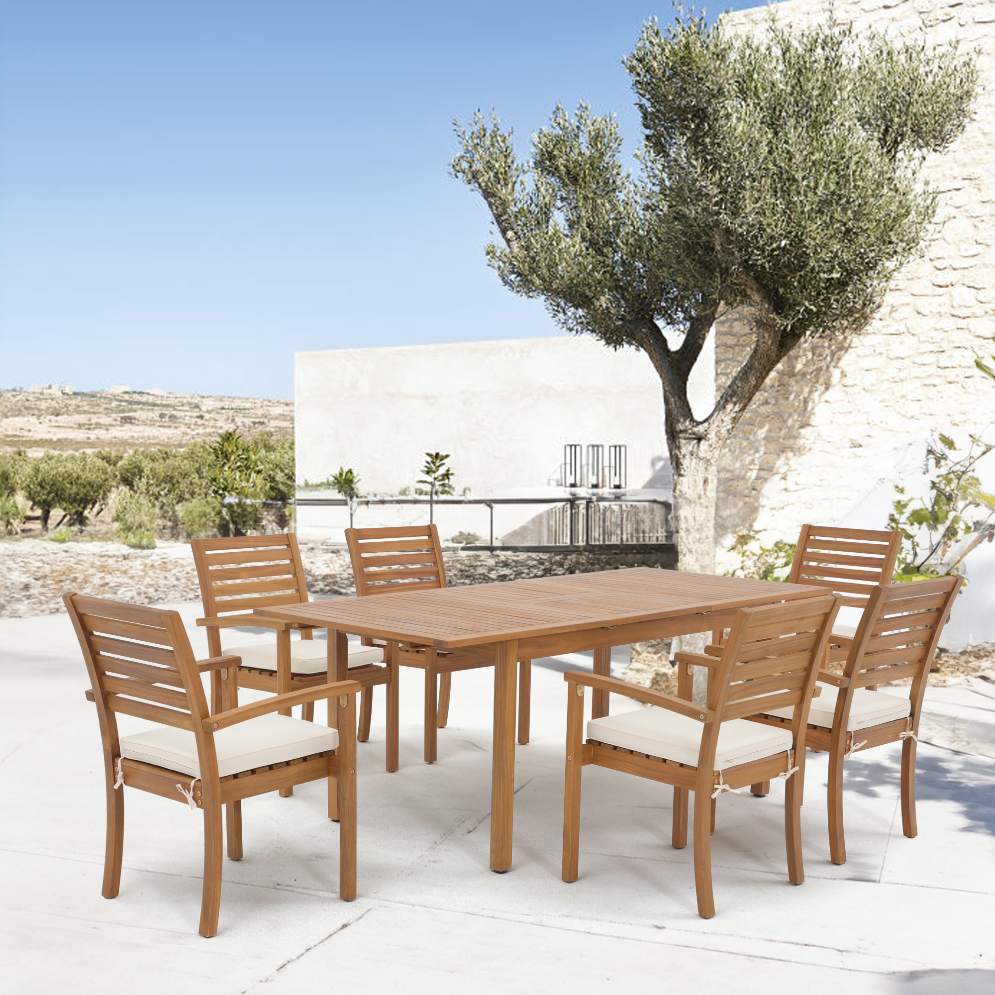 7 pcs Outdoor FSC Certified Acacia Wood Dining Set, Extendable Rectangular Table and 6 Stackable Chairs 