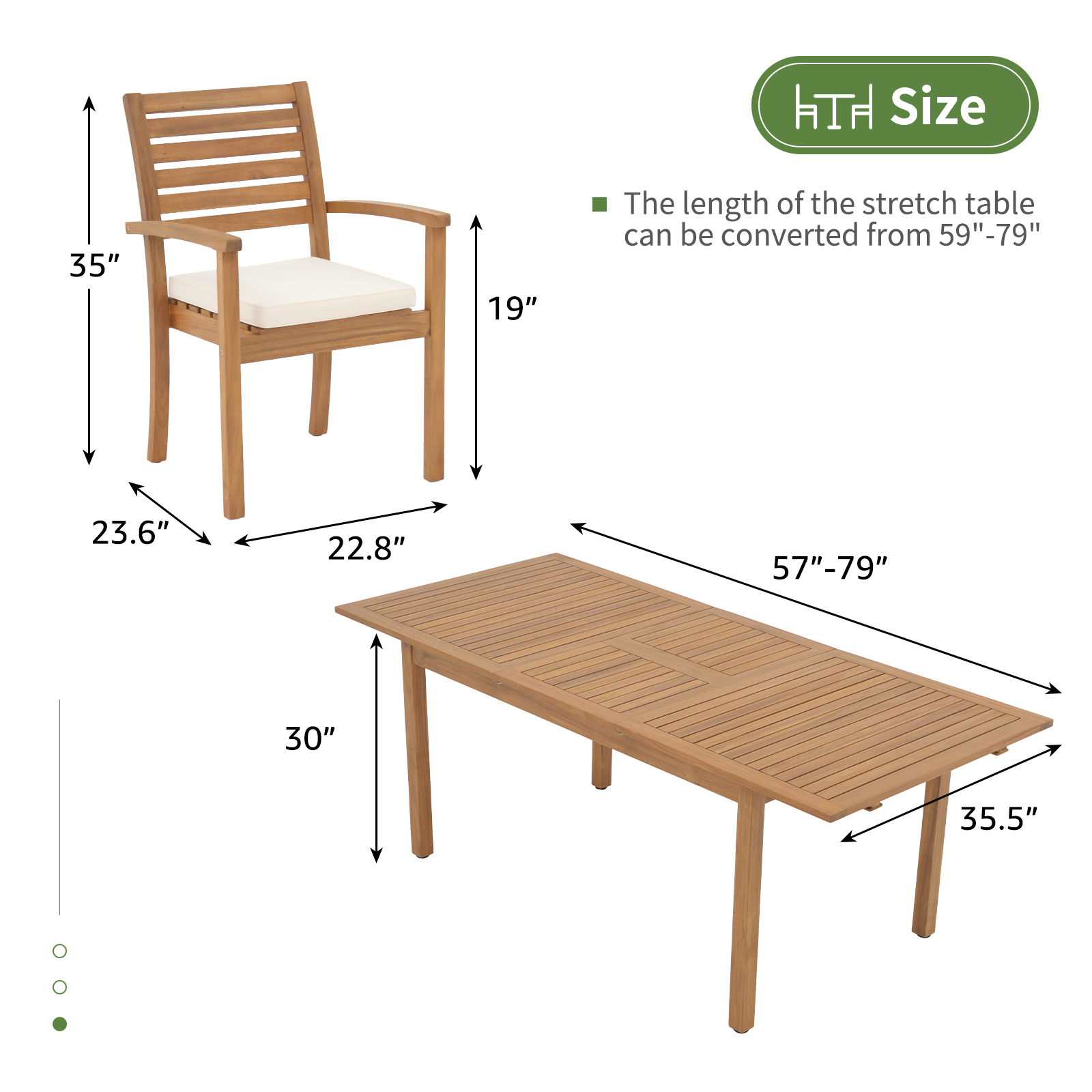 7 pcs Outdoor FSC Certified Acacia Wood Dining Set, Extendable Rectangular Table and 6 Stackable Chairs 