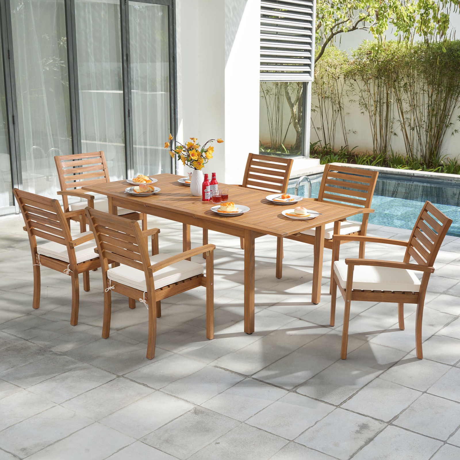 7 pcs Outdoor FSC Certified Acacia Wood Dining Set, Extendable Rectangular Table and 6 Stackable Chairs 