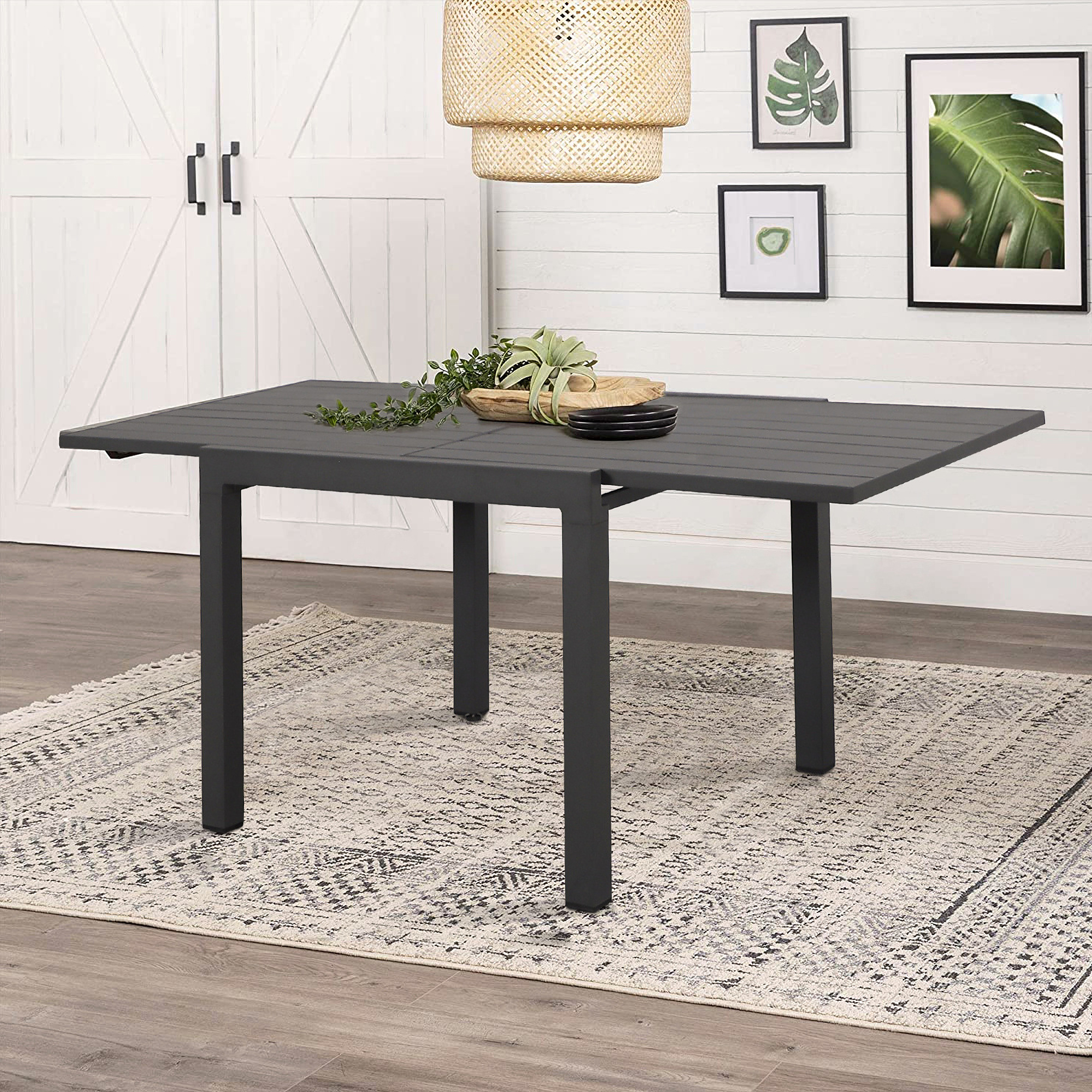  Patio Extendable Dining Table for 4-6 Person Aluminum Adjustable Rectangle Table