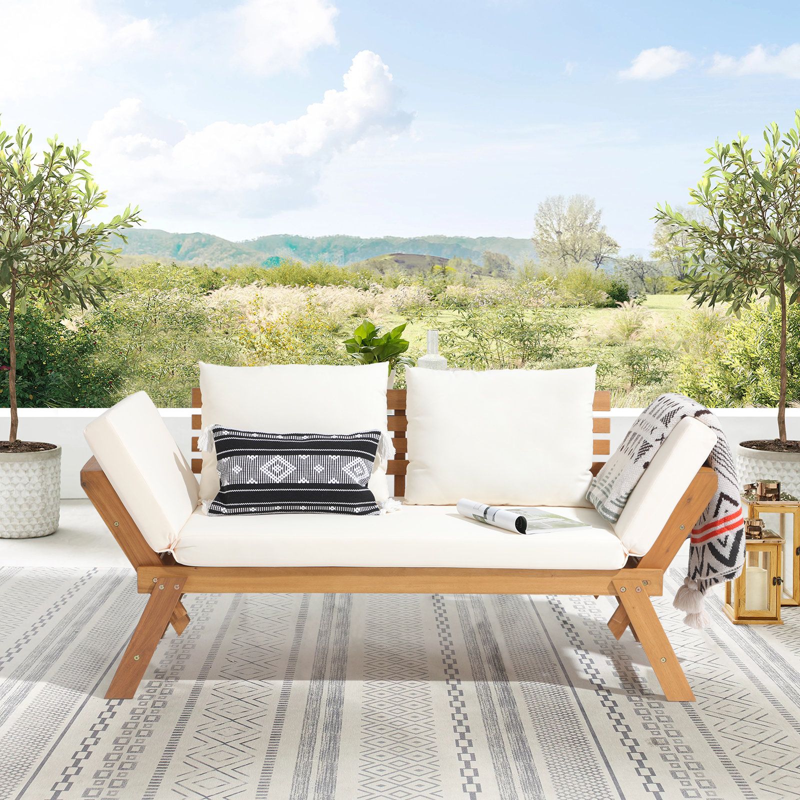 Outdoor Convertible Sofa Daybed, FSC Acacia Wood Patio Couch with Thick Cushion & Pillows 
