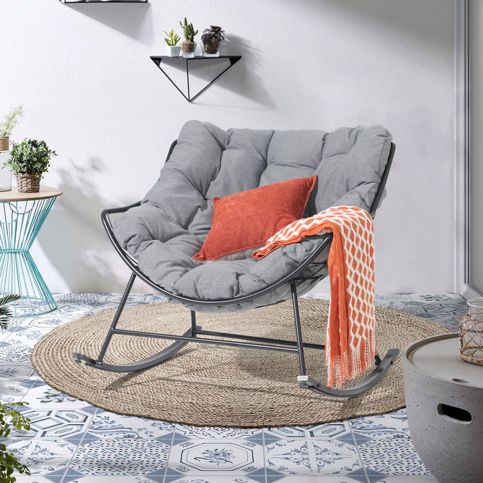Outdoor Rocking Chair, Patio Comfy Reading Chairs with Oversized Cushion,2 Colors