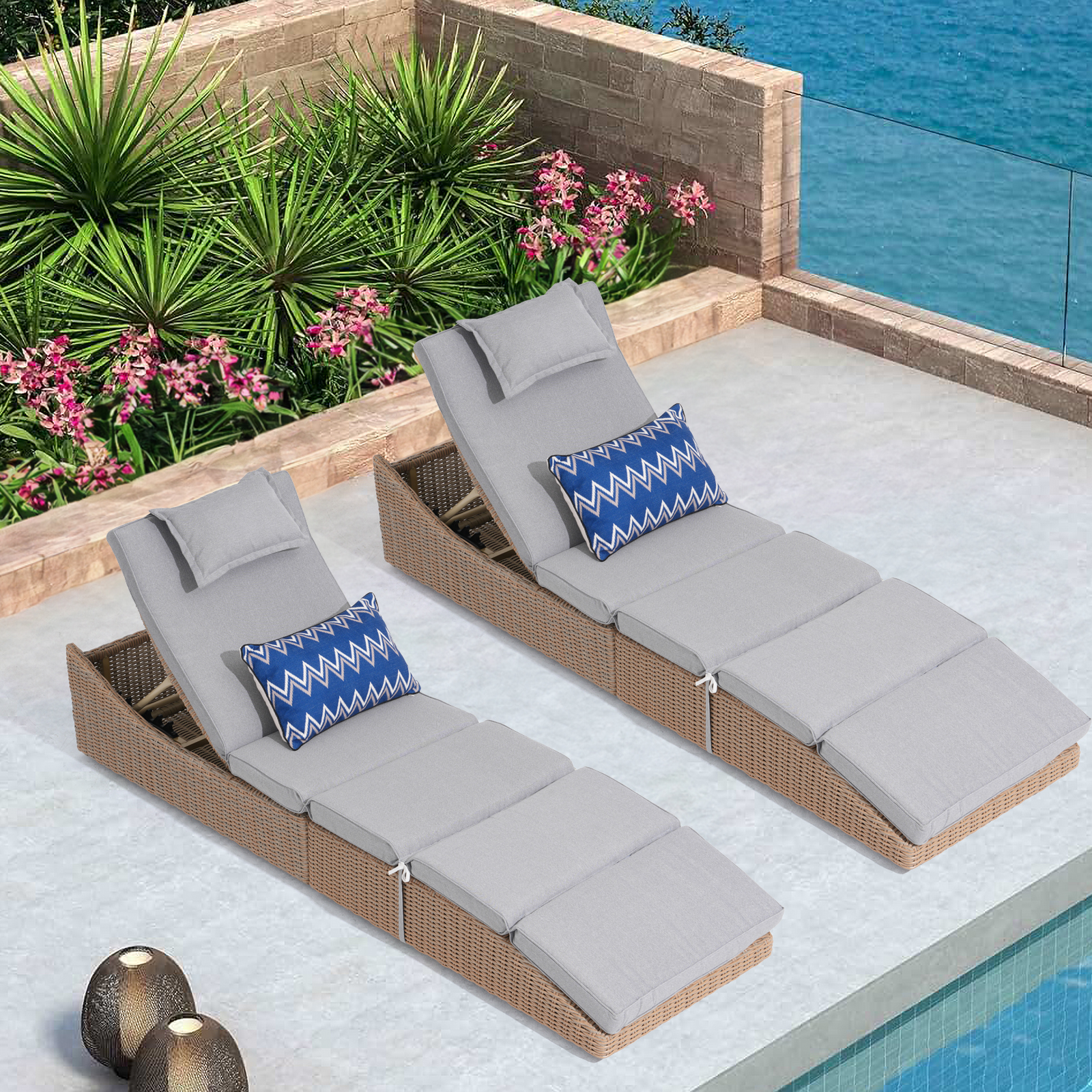 OC ORANGE-CASUAL 1-2 Pcs Folding Patio Lounge Chairs Wicker Outdoor Loungers, Wave Shape, Grey