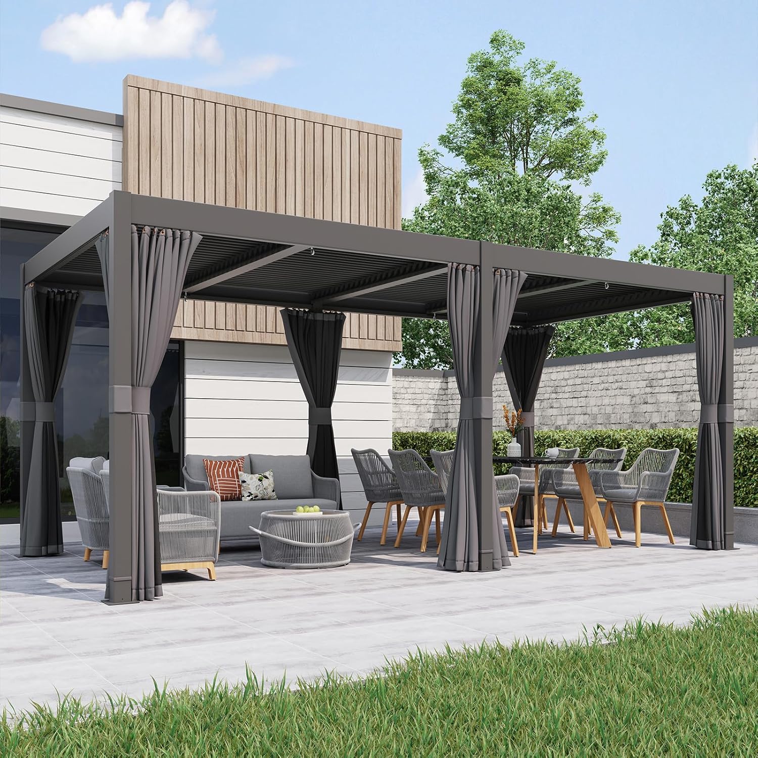 Aluminum Frame Louvered Pergola with Adjustable Rainproof Roof, Shaded Curtains and Netting