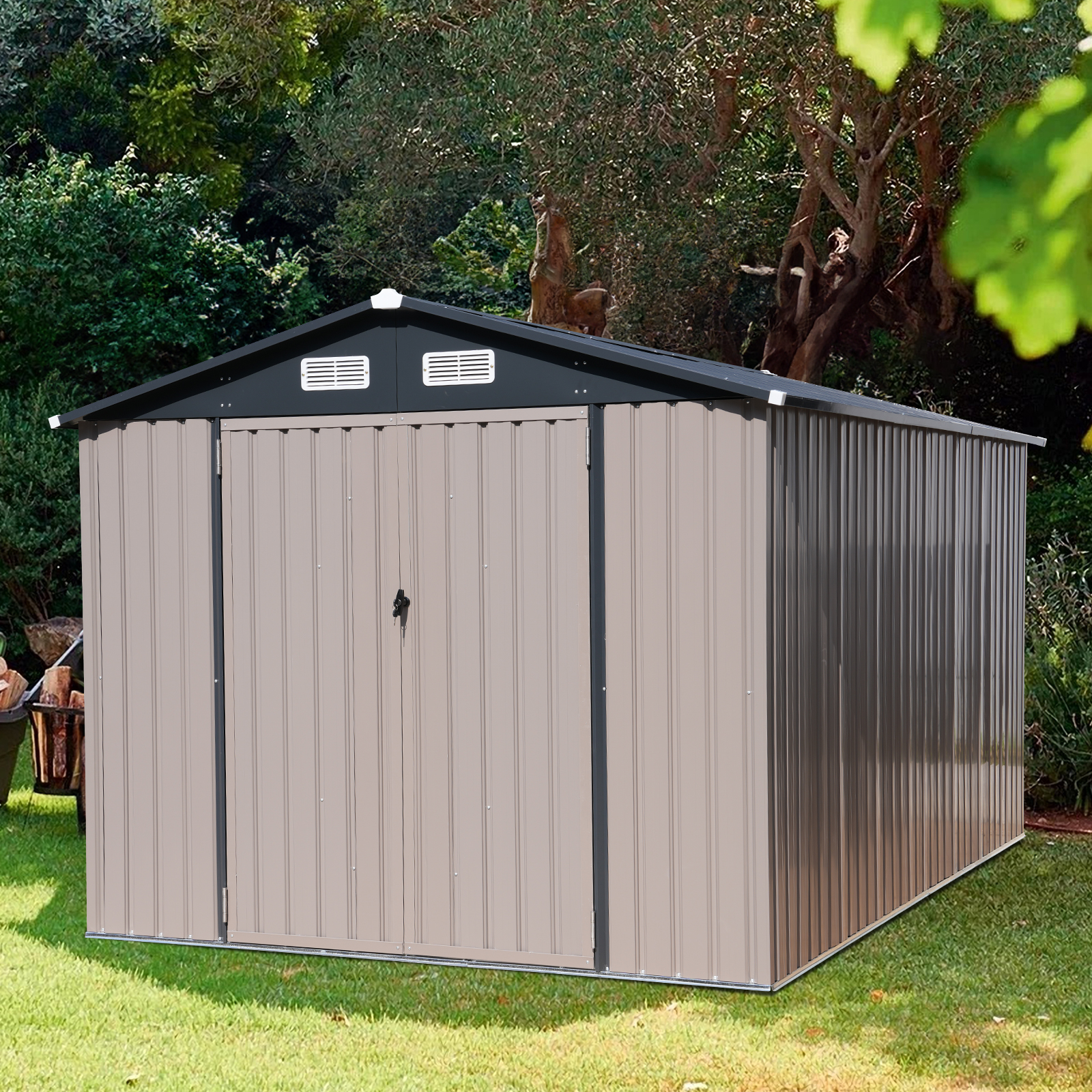 8'x 12' Metal Outdoor Storage Shed Brown Garden Tool Shed for Backyard & Patio