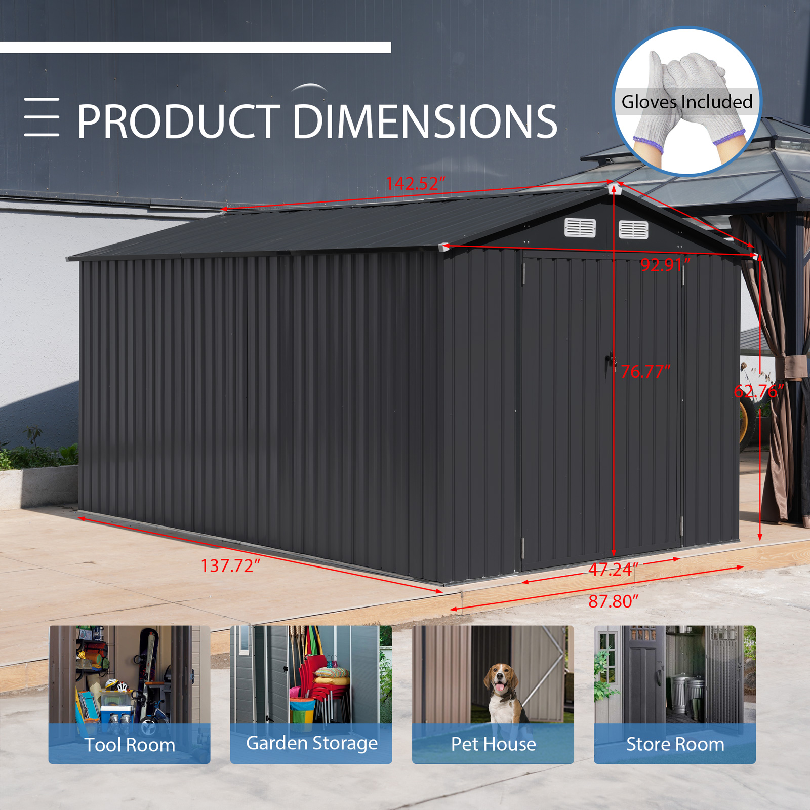 8'x 12' Outdoor Storage Shed Metal Garden Tool Shed for Backyard, Patio, Lawn, Black