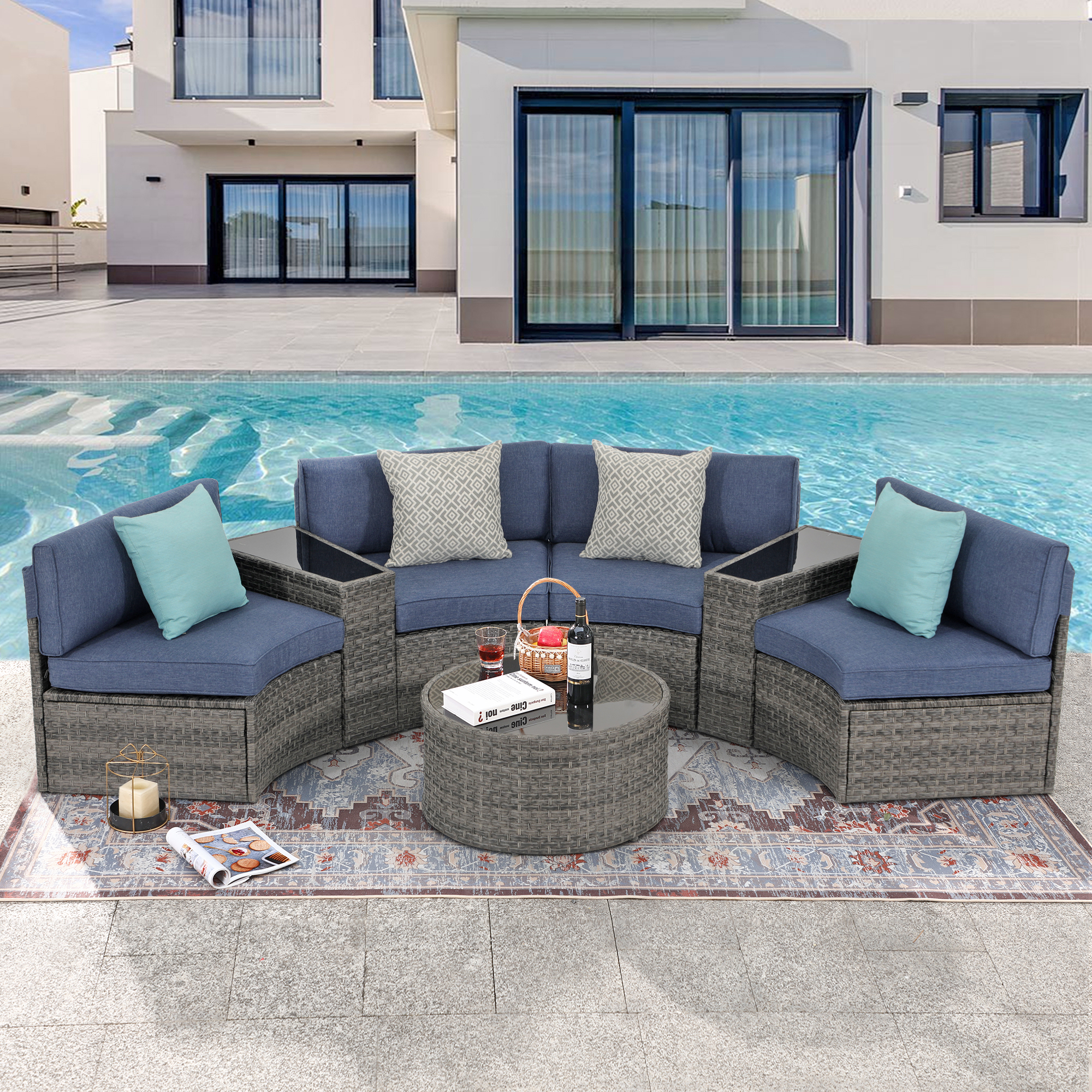 7pcs Outdoor Curved Sofas Wicker Half Moon Sectional Set 4 Colors