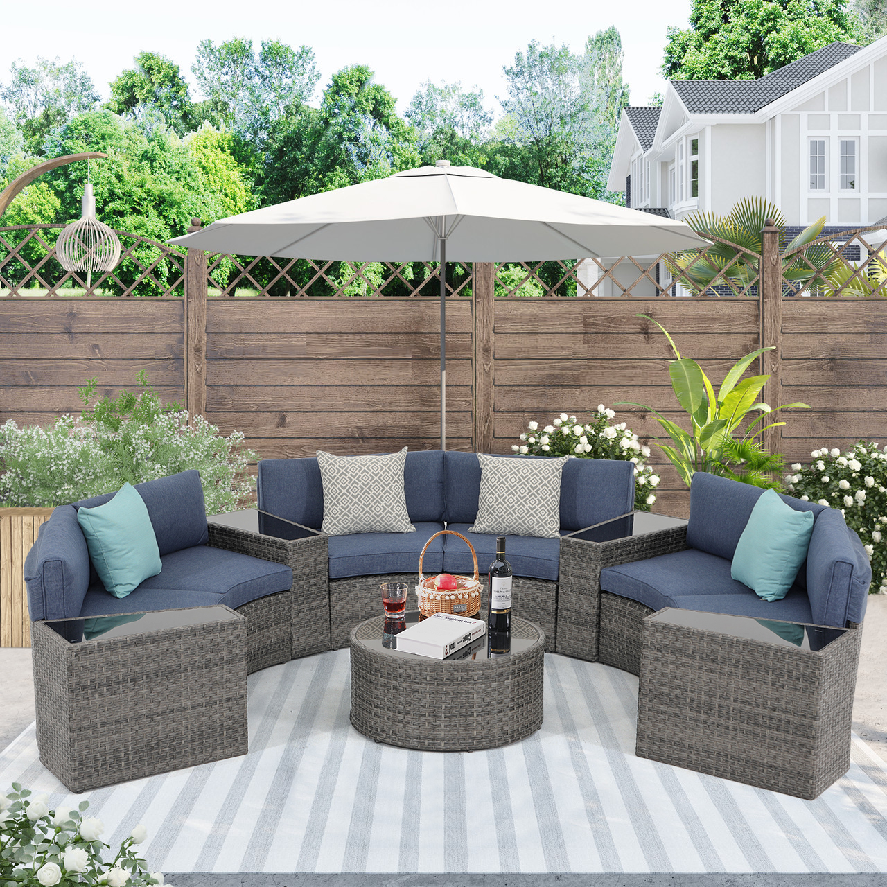 5-11 pcs Outdoor Curved Sofas, Curved Outdoor Sectionals,Denim Blue