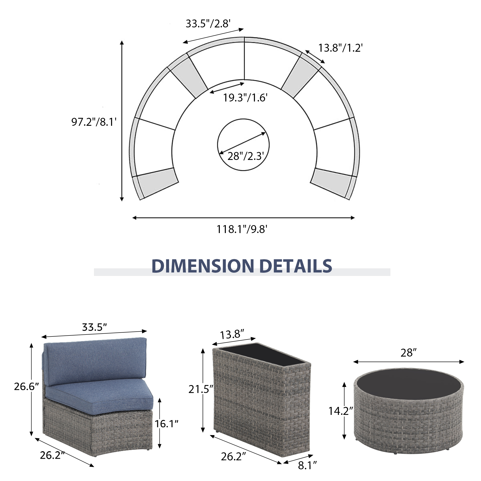 11pcs Outdoor Curved Sofas Wicker Half-Moon Sectional Set, 4 Colors