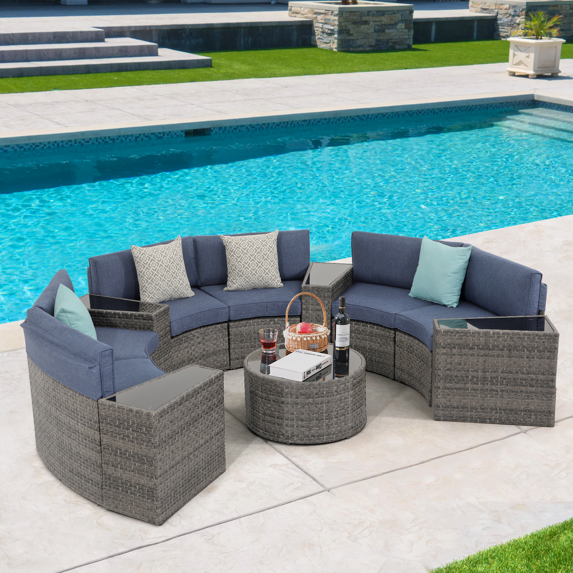 11pcs Outdoor Curved Sofas Wicker Half-Moon Sectional Set, 4 Colors