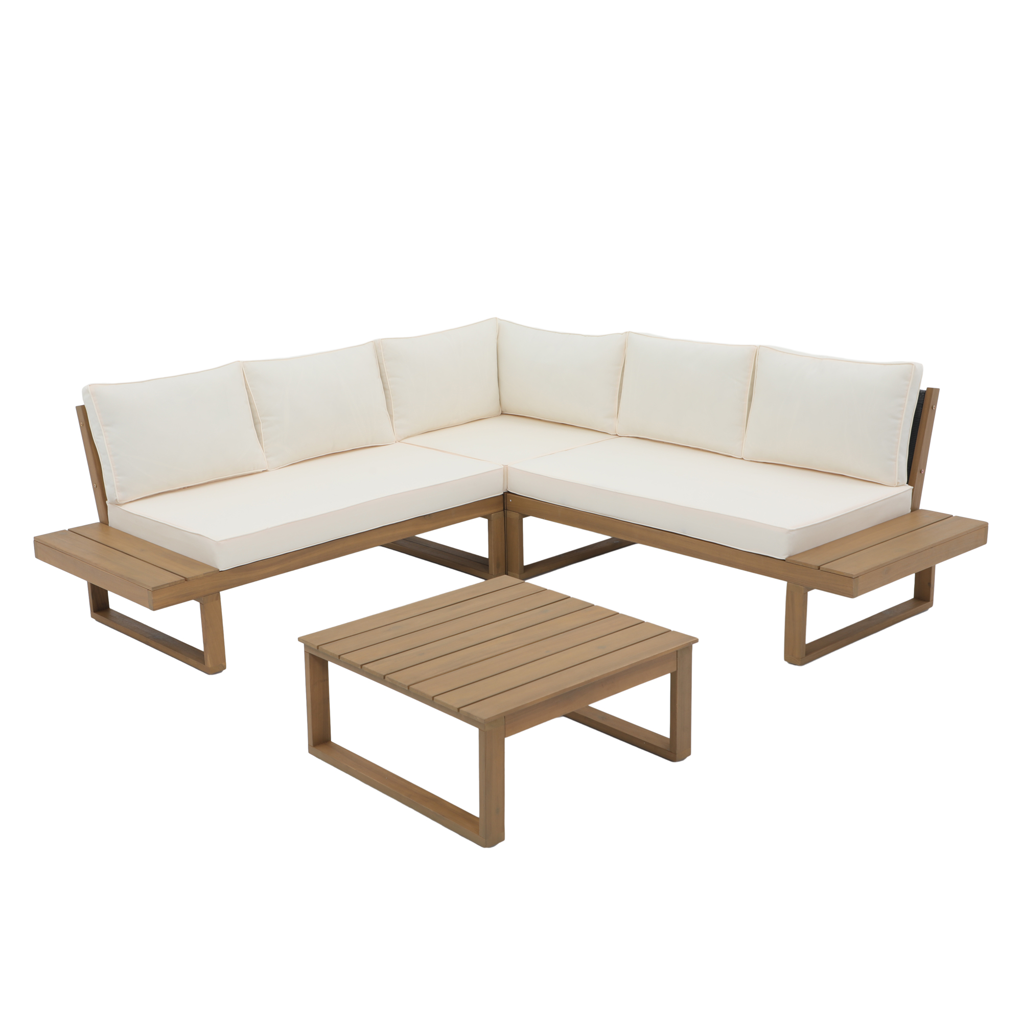 6 Seats Outdoor Sectional Set Teak Wood Patio Sectional Set with Cushions, 2 Colors.