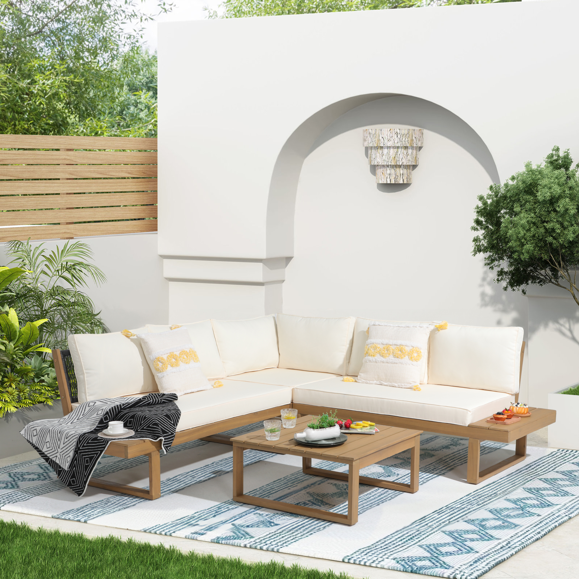 6 Seats Outdoor Sectional Set Teak Wood Patio Sectional Set with Cushions, 2 Colors.