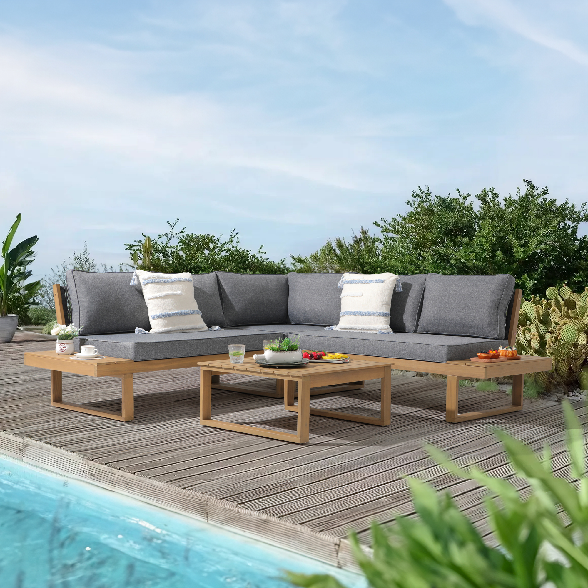 6 Seats Outdoor Sectional Set Teak Wood Patio Sectional Set with Cushions, 2 Colors.