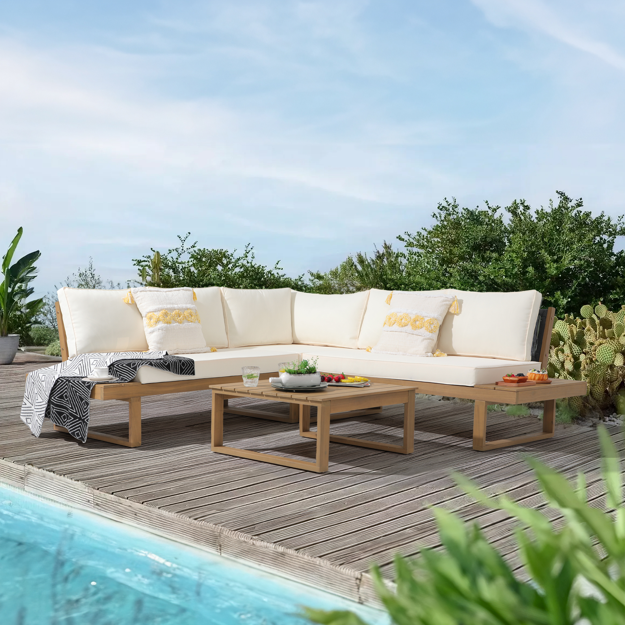 6 Seats Outdoor Sectional Set Teak Wood Patio Sectional Set with Cushions, 2 Colors.