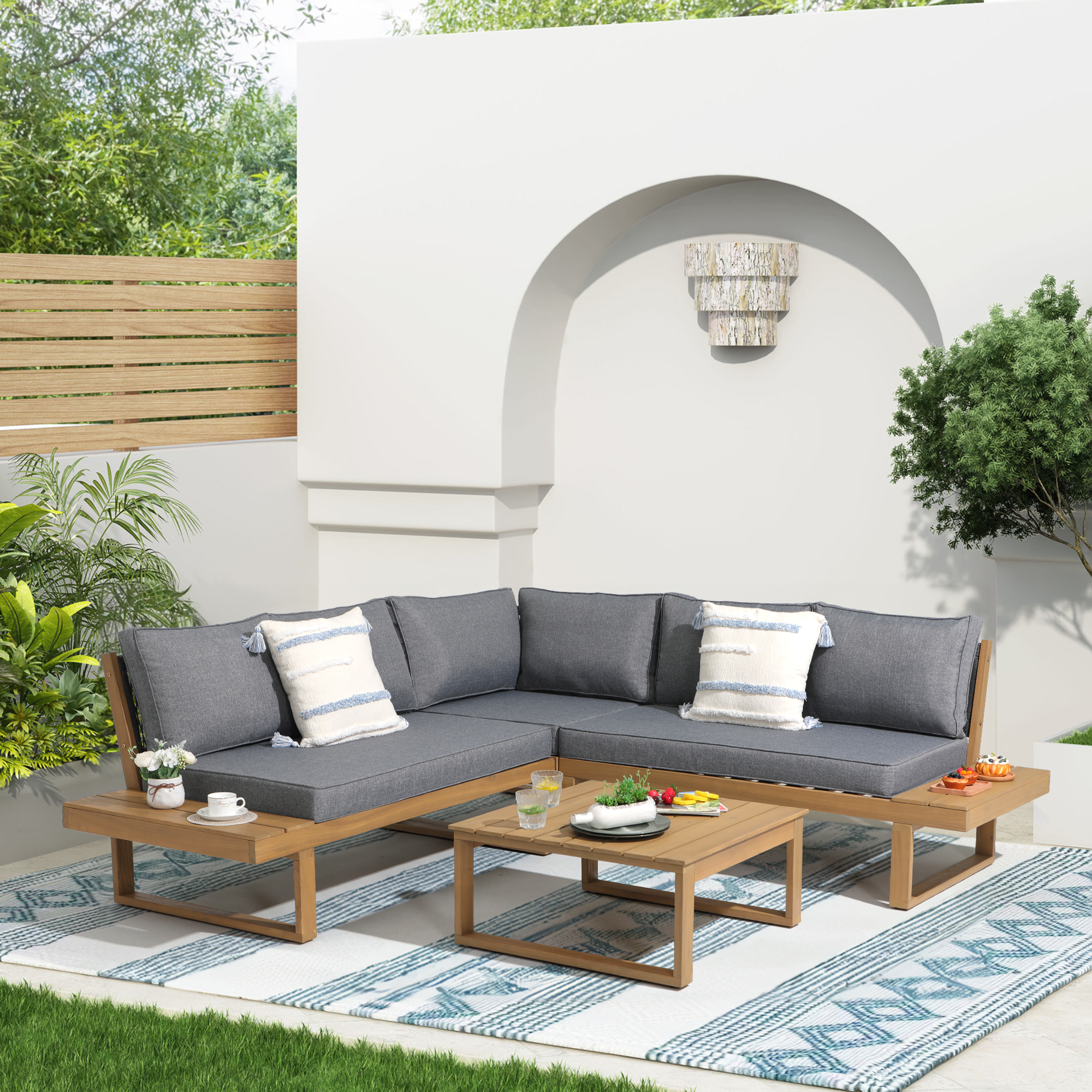 6 Seats Outdoor Sectional Set Teak Wood Patio Sectional Set with Cushions, 2 Colors.