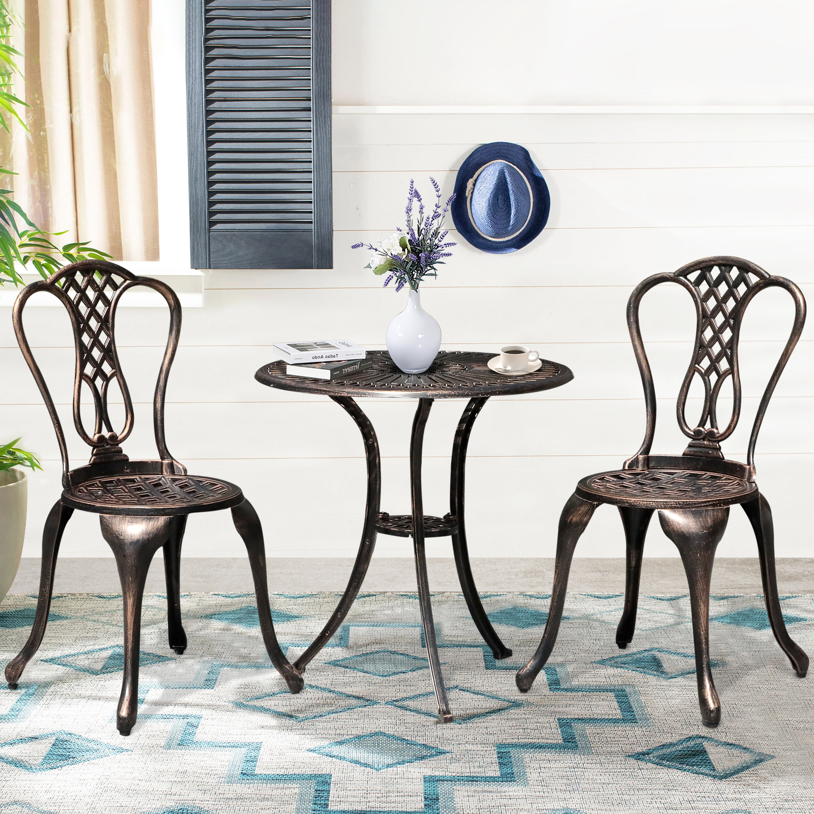 3pcs Cast Aluminum Patio Bistro Set Antique Finish Conversation Set, Copper