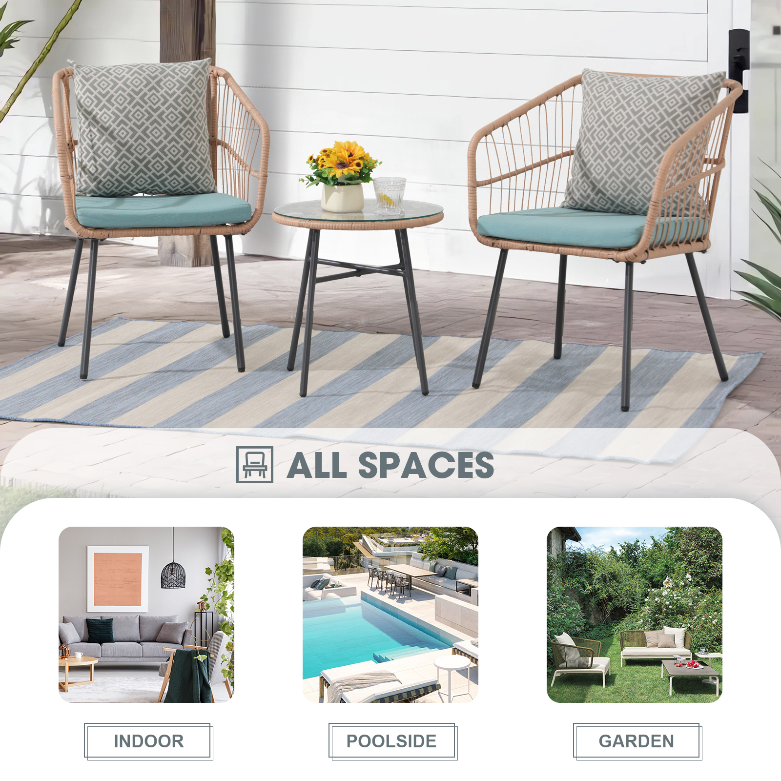 3pcs Patio Bistro Set Rattan Armchairs with Round Glass Coffee Table, Cream & Aqua