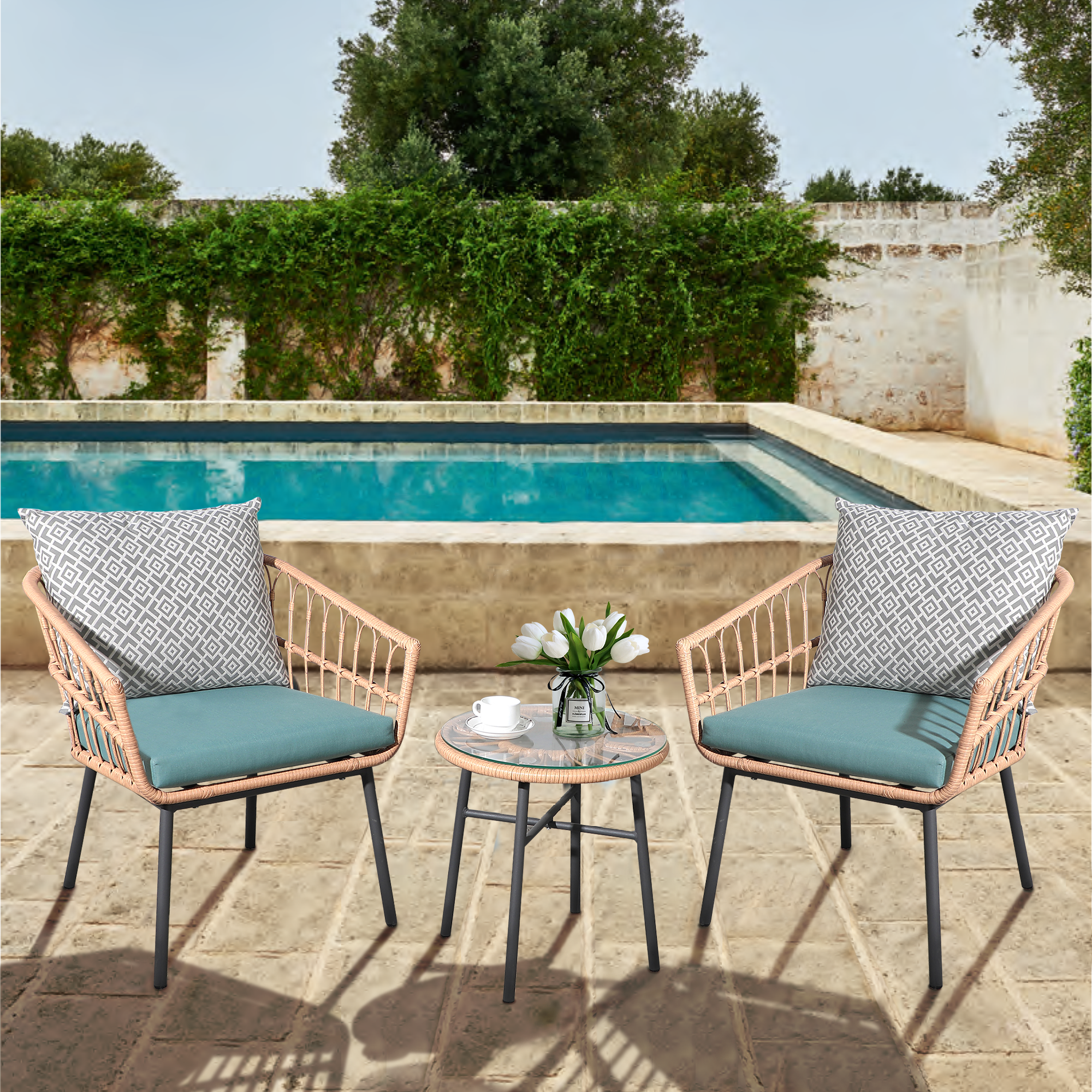 3pcs Patio Bistro Set Rattan Armchairs with Round Glass Coffee Table, Cream & Aqua