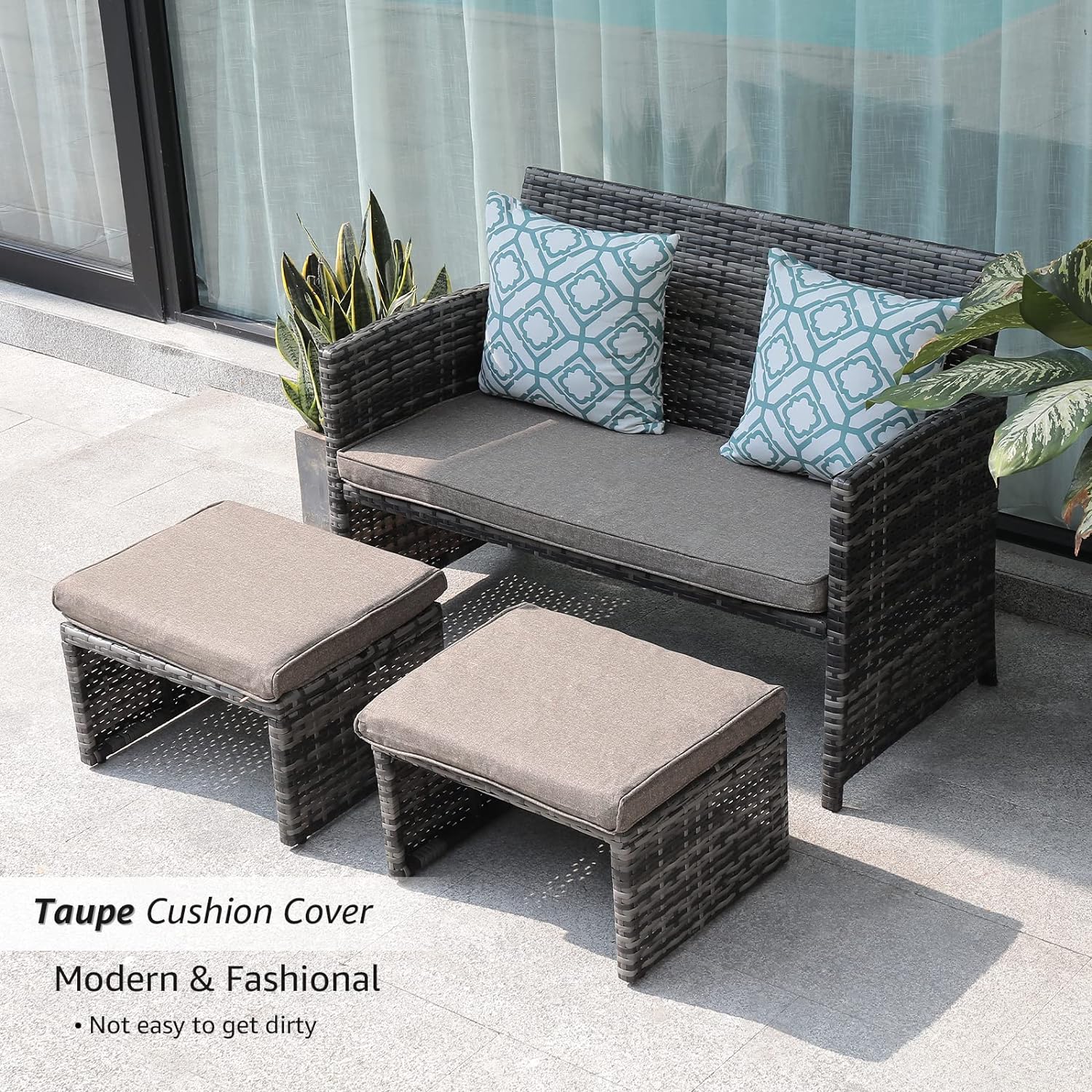 3pcs Wicker Outdoor Loveseat and Ottomans, 2 Cushion Colors