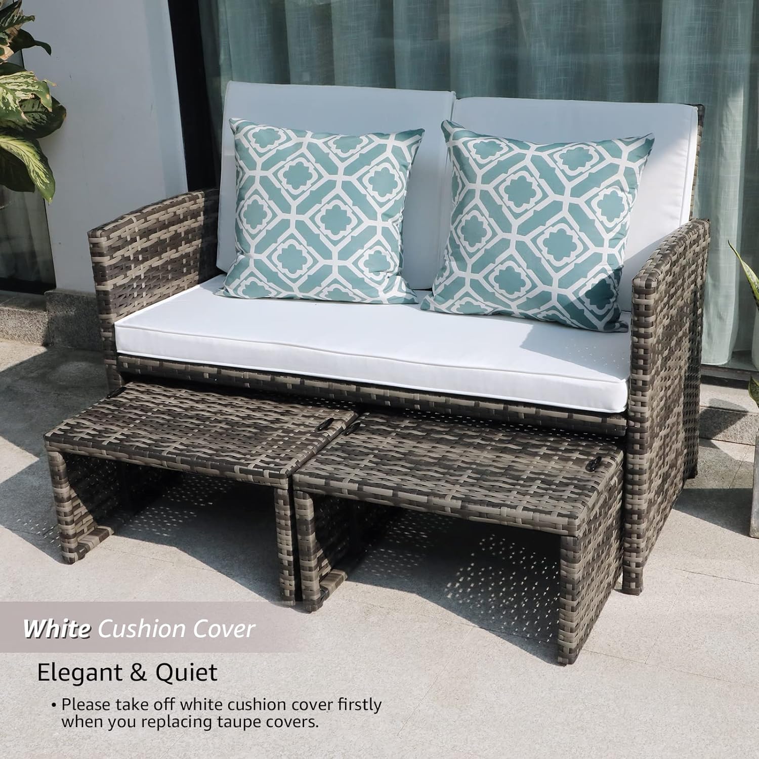 3pcs Wicker Outdoor Loveseat and Ottomans, 2 Cushion Colors