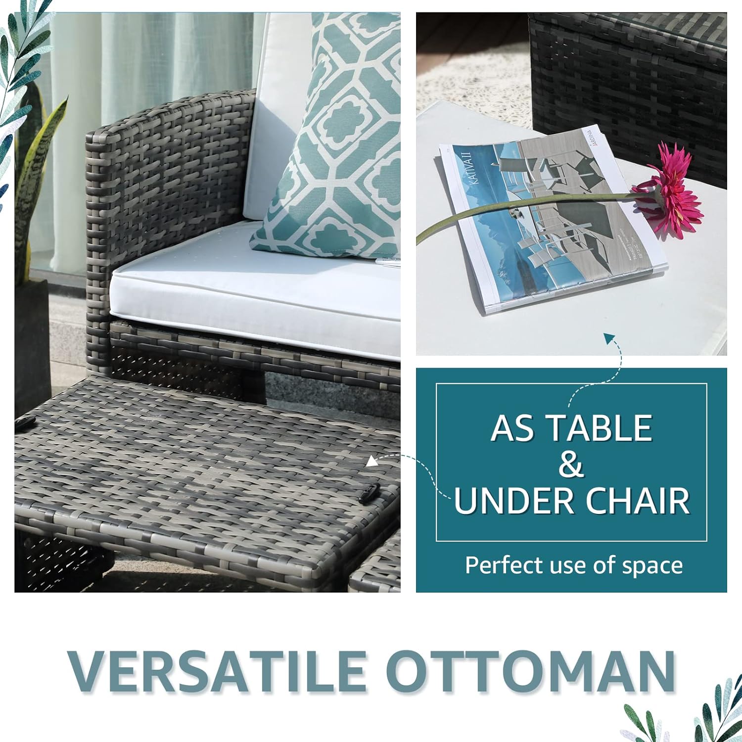 3pcs Wicker Outdoor Loveseat and Ottomans, 2 Cushion Colors