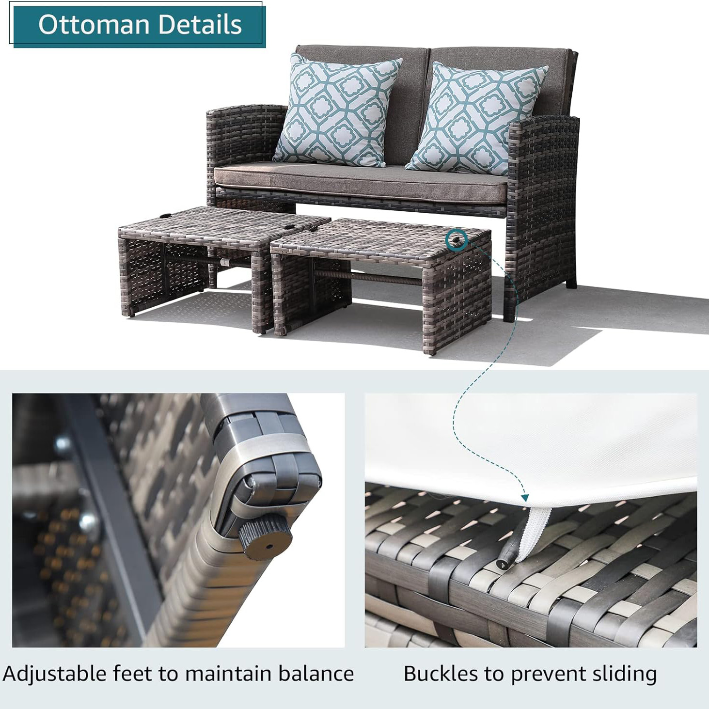 3pcs Wicker Outdoor Loveseat and Ottomans, 2 Cushion Colors