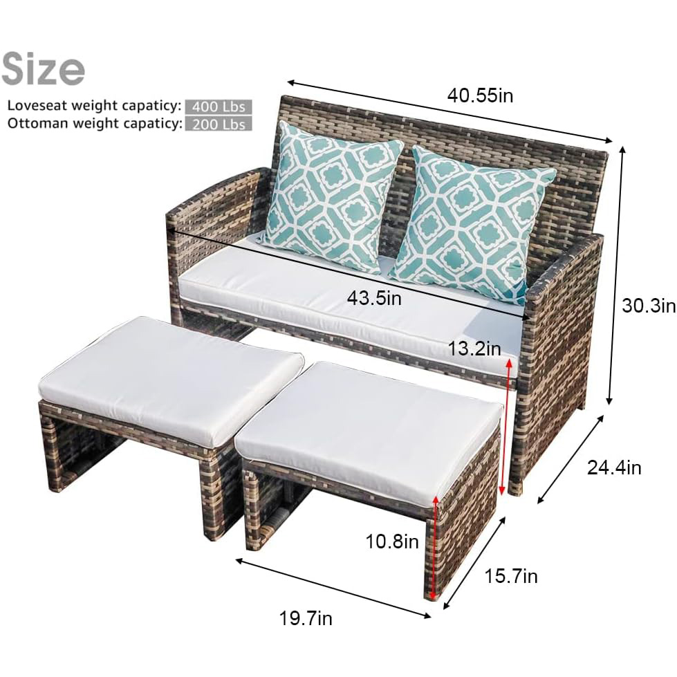 3pcs Wicker Outdoor Loveseat and Ottomans, 2 Cushion Colors