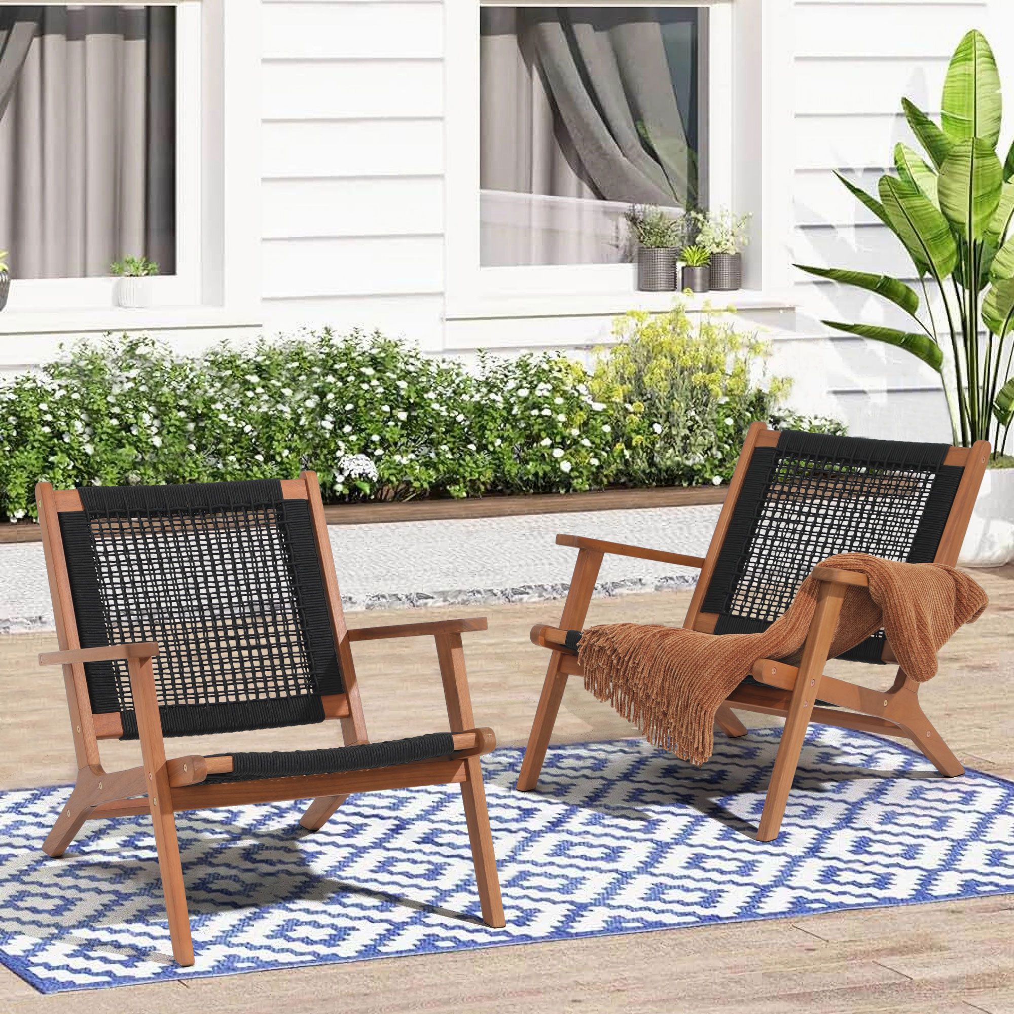 Wood Patio Lounge Chairs, Modern Acacia Wood Accent Armchair with Handwoven Rope, Set of 2