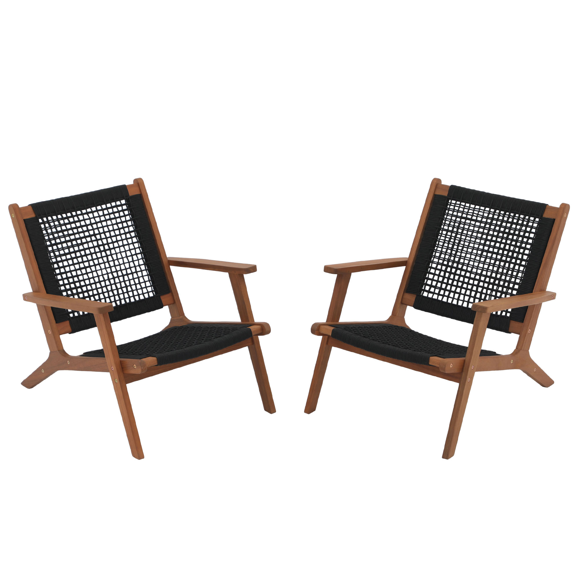 Wood Patio Lounge Chairs, Modern Acacia Wood Accent Armchair with Handwoven Rope, Set of 2